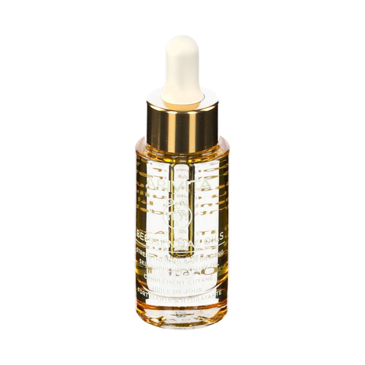 Flacone di olio con contagocce. Tappo dorato, punta bianca. Etichetta con testo.