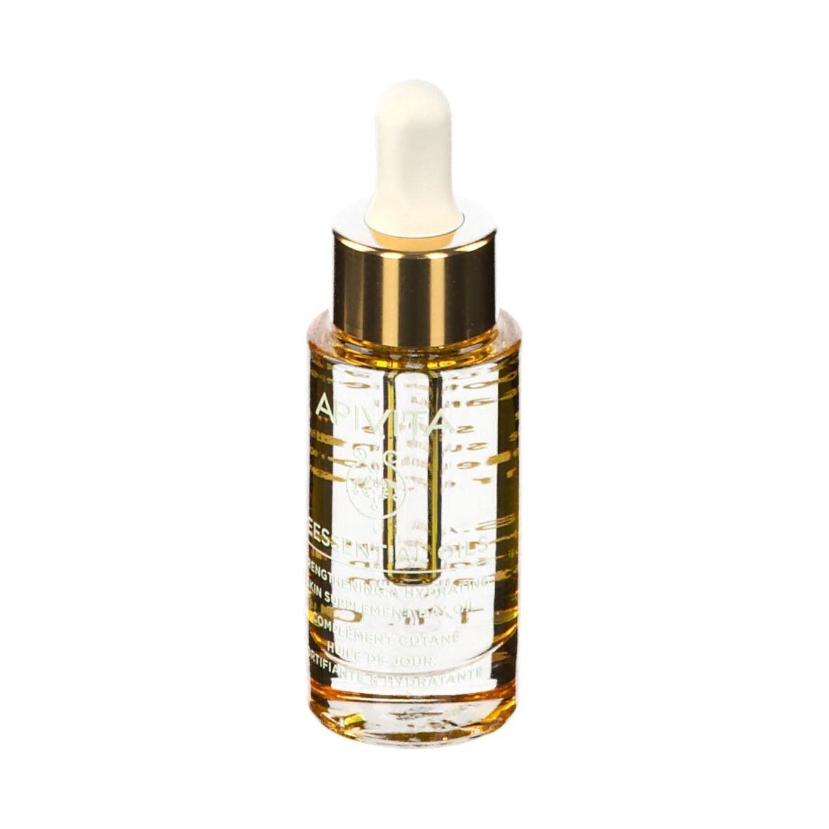 Flacone di olio con contagocce. Tappo dorato, punta bianca. Etichetta con testo.