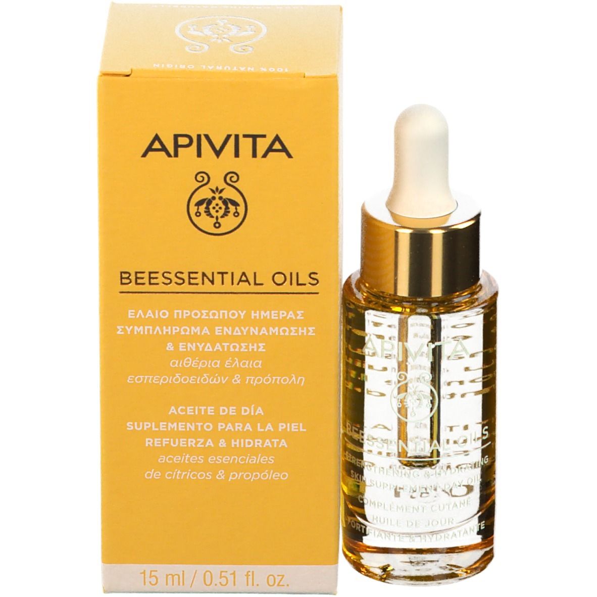 Confezione del prodotto con flacone di olio. Sfondo giallo. Testo: APIVITA BEESSENTIAL OILS, 15 ml.