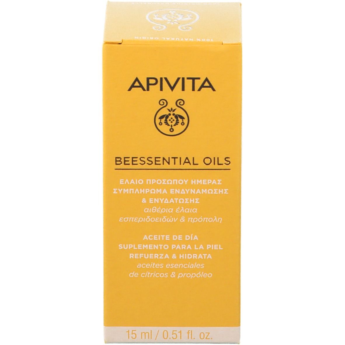 Confezione del prodotto. Sfondo giallo. Testo: APIVITA BEESSENTIAL OILS, 15 ml.