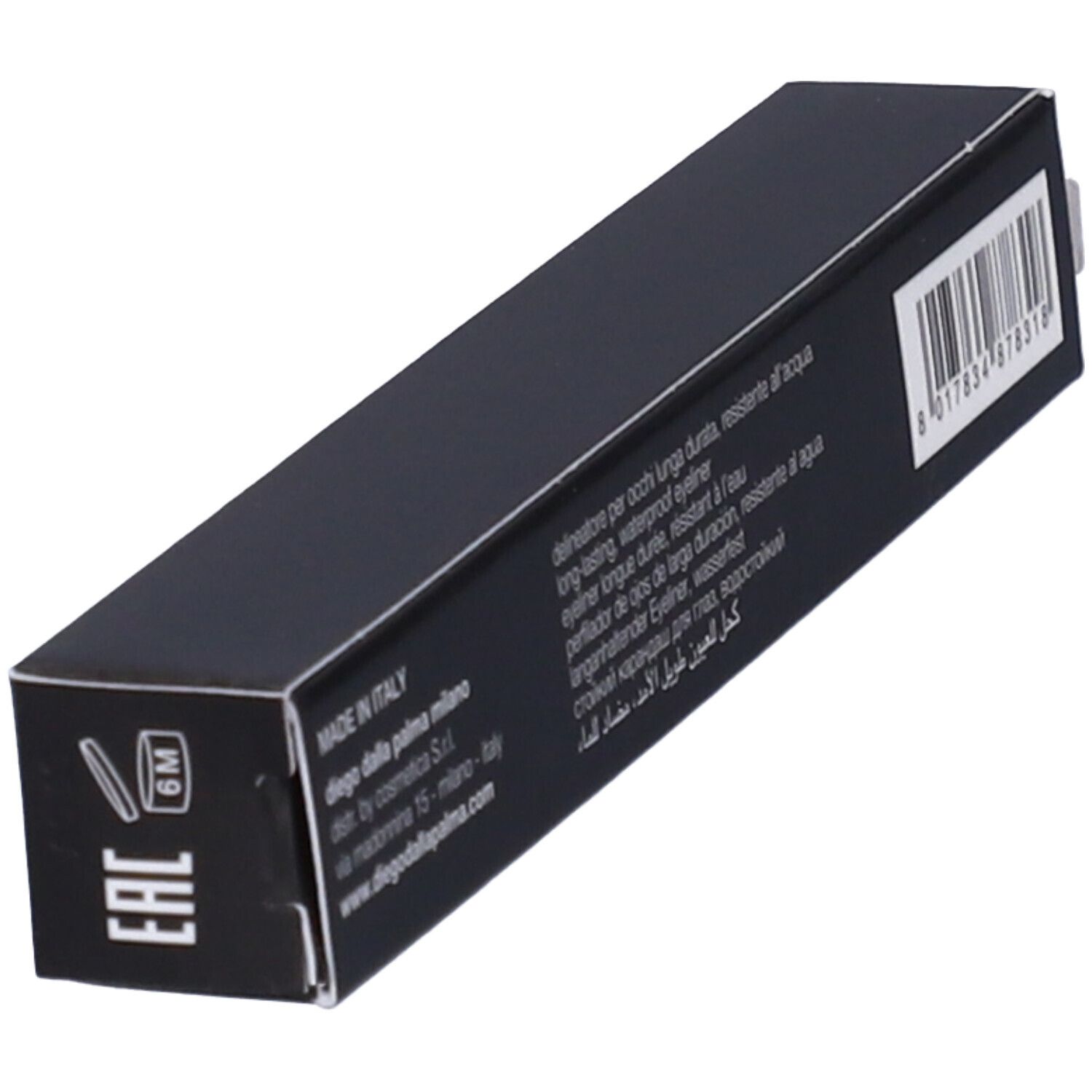 Confezione di eyeliner nero con testo: Made in Italy, Diego dalla Palma Milano, e codice a barre.