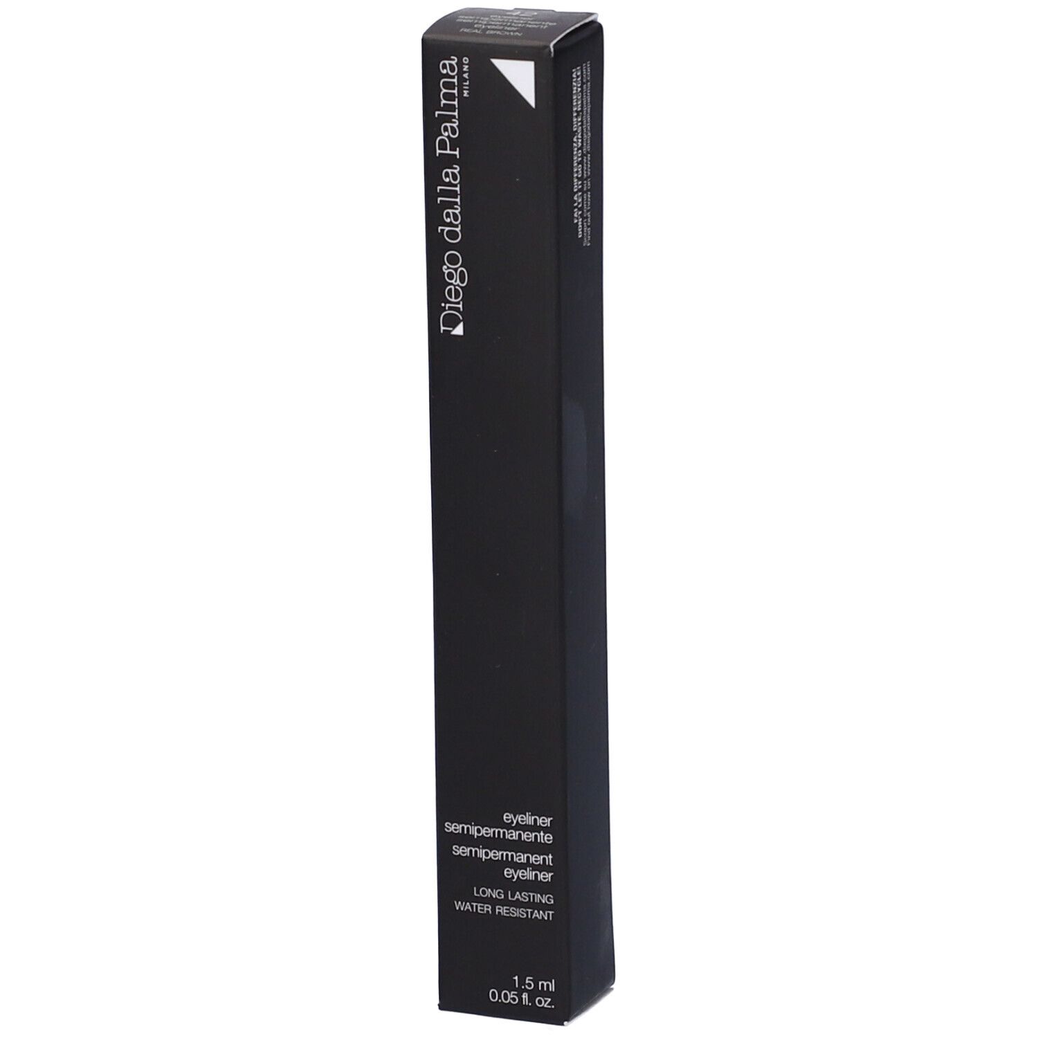 Confezione nera con informazioni prodotto. Diego dalla Palma, Eyeliner Semipermanente, Long Lasting, Water Resistant.