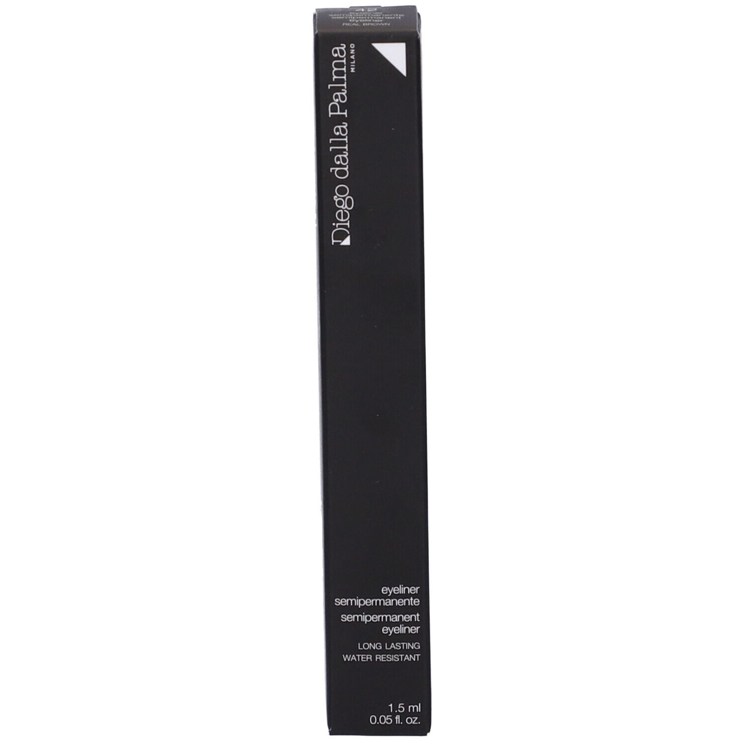 Confezione nera con informazioni prodotto. Diego dalla Palma, Eyeliner Semipermanente, Long Lasting, Water Resistant.