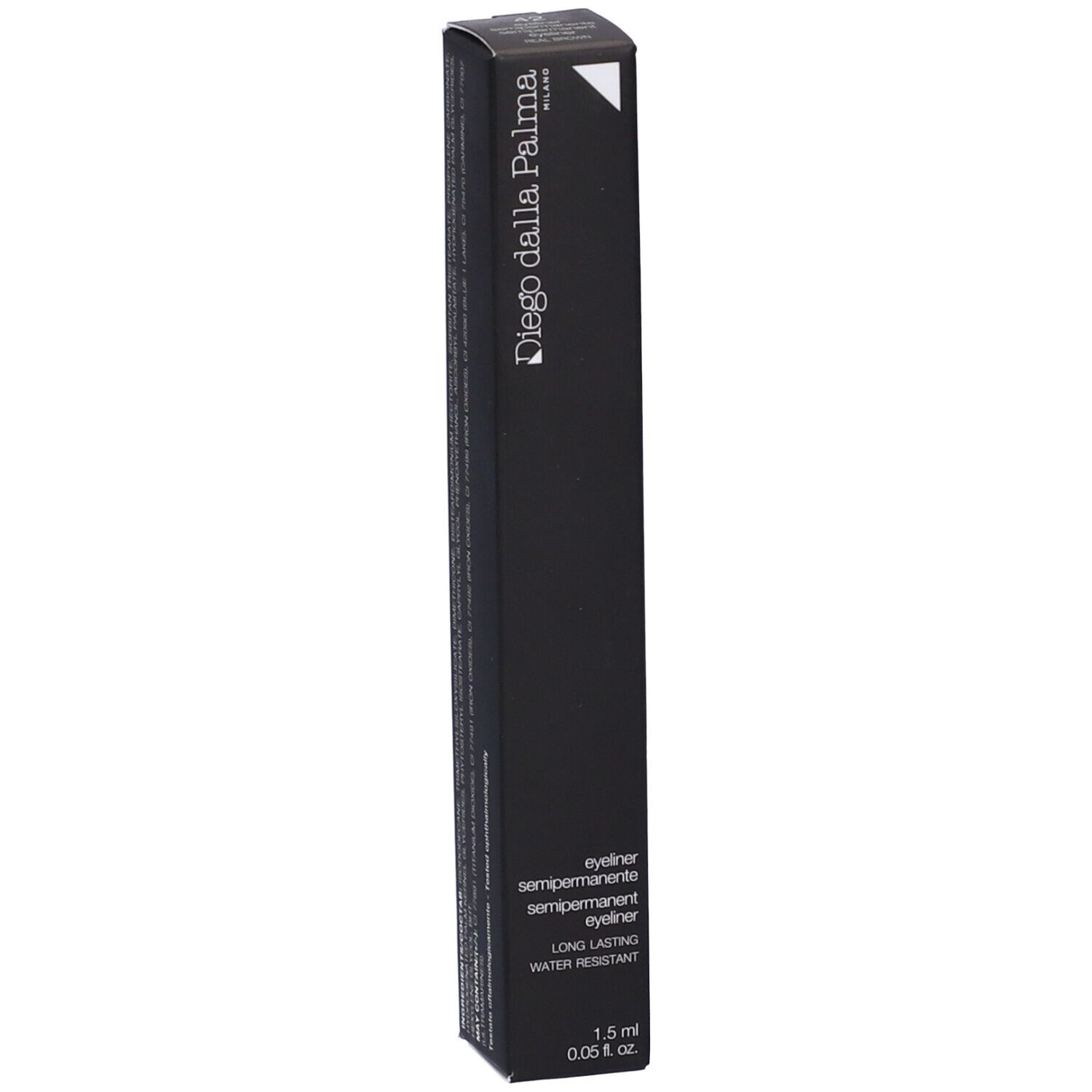 Confezione nera con informazioni prodotto. Diego dalla Palma, Eyeliner Semipermanente, Long Lasting, Water Resistant.