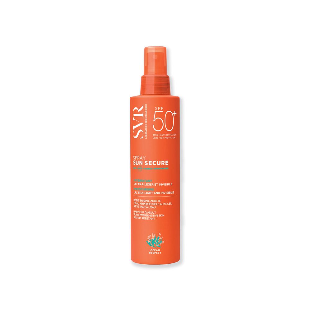 Flacone spray arancione con testo bianco. Scritta: SPF 50+, SUN SECURE, ultra-leggero e invisibile.