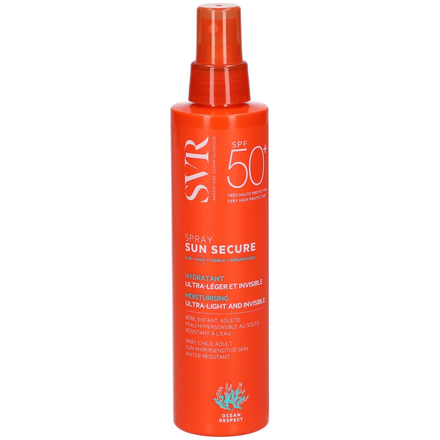 Flacone spray arancione con testo bianco. Scritta: SPF 50+, SUN SECURE, per pelli sensibili.