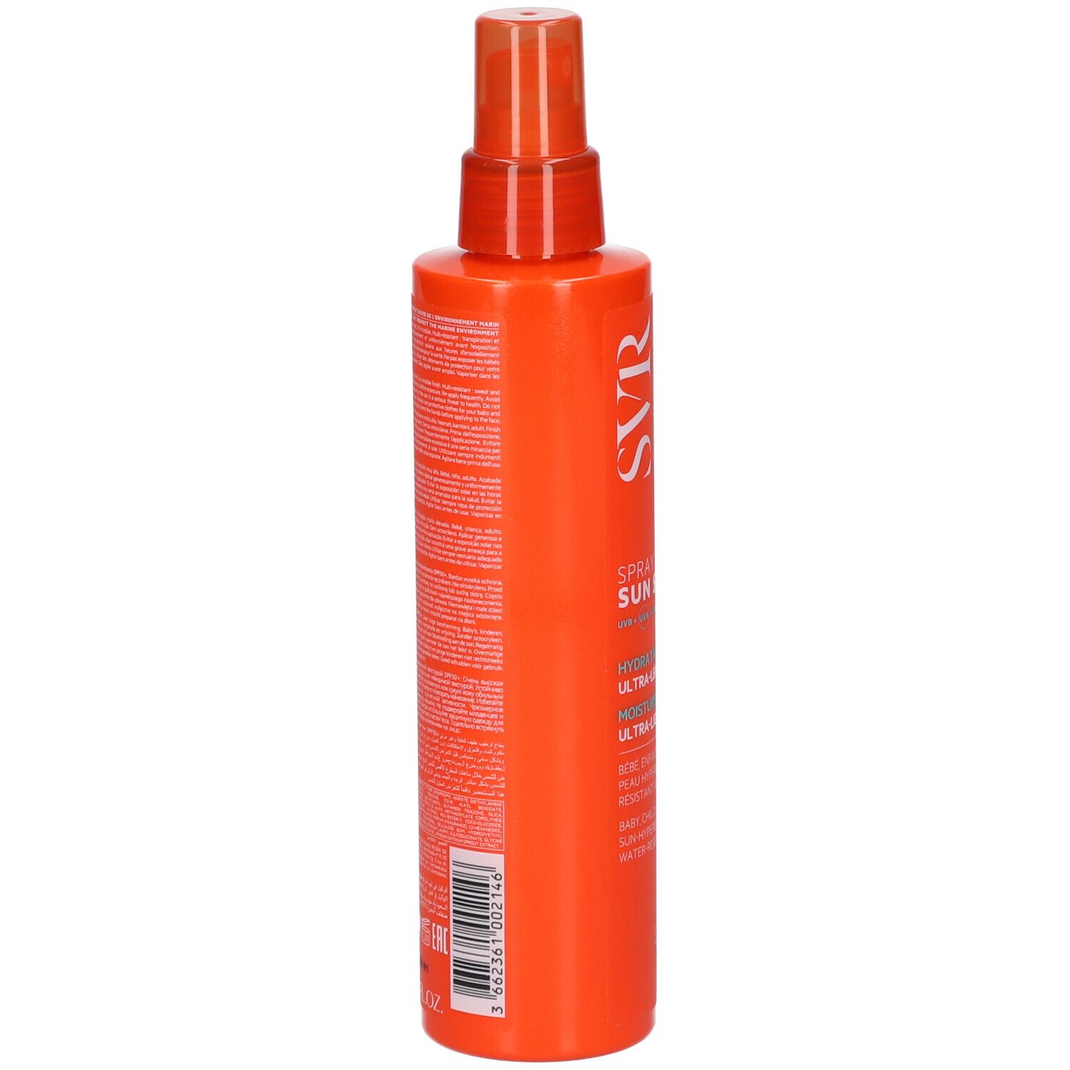Retro di un flacone spray arancione. Testo in bianco. Dettagli sulla composizione e l'uso.
