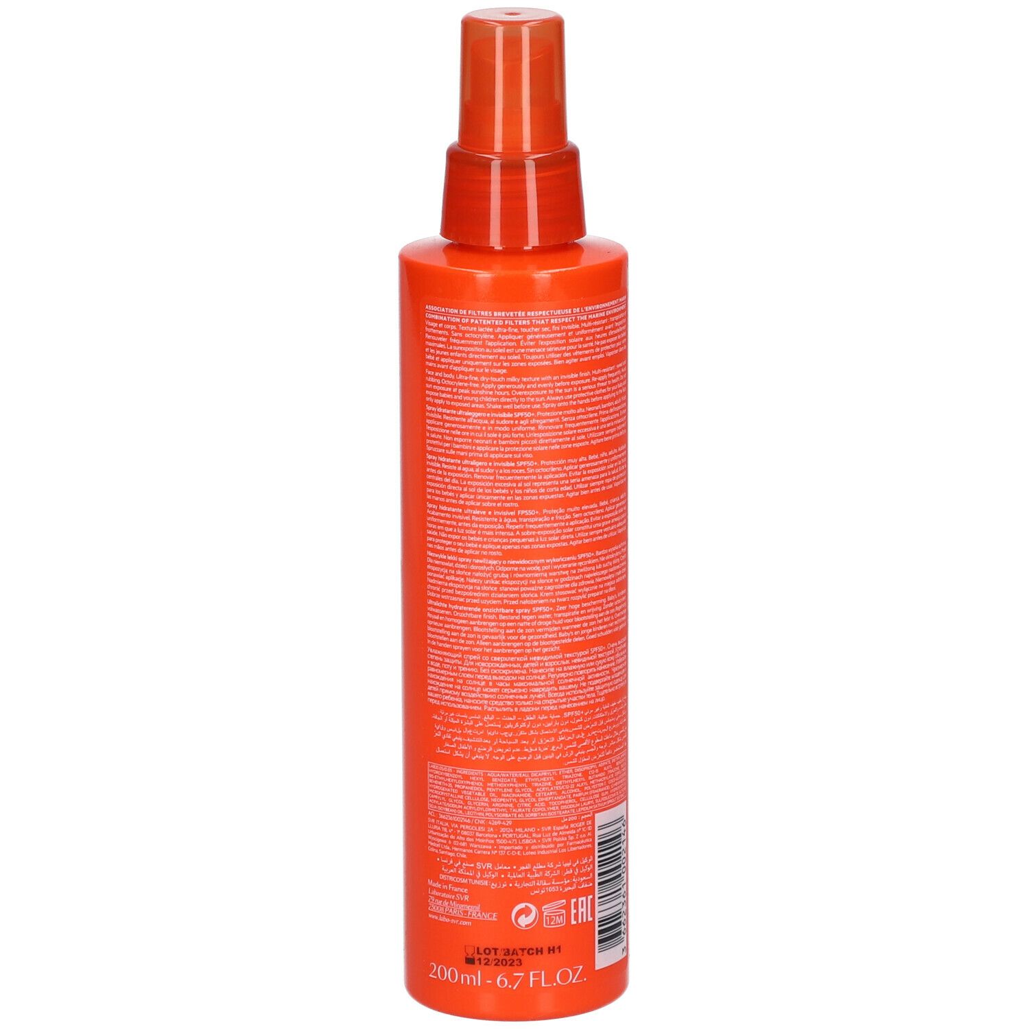 Retro di un flacone spray arancione. Testo in bianco. Dettagli sulla composizione e l'uso.