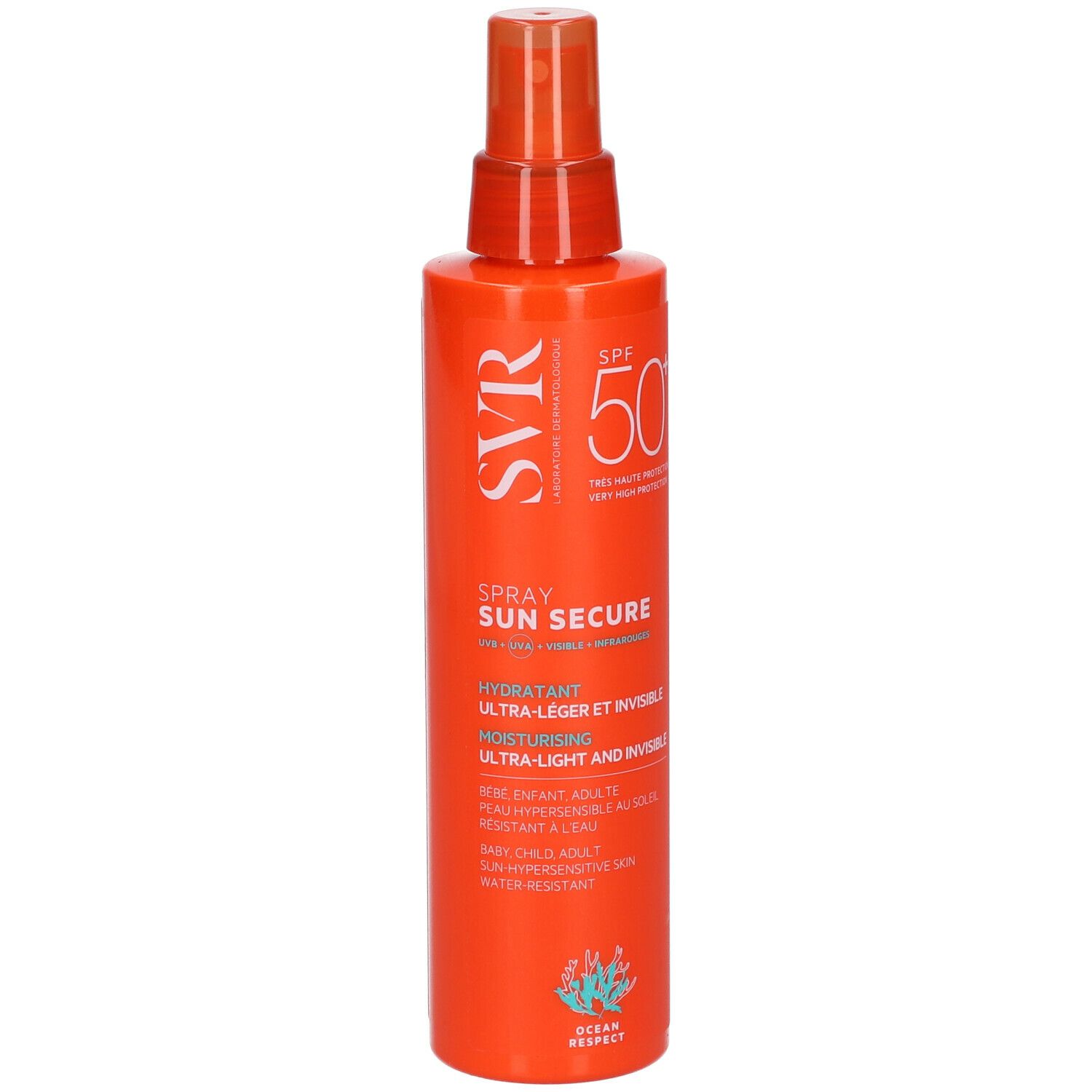 Flacone spray arancione con testo bianco. Scritta: SPF 50+, SUN SECURE, per pelli sensibili.