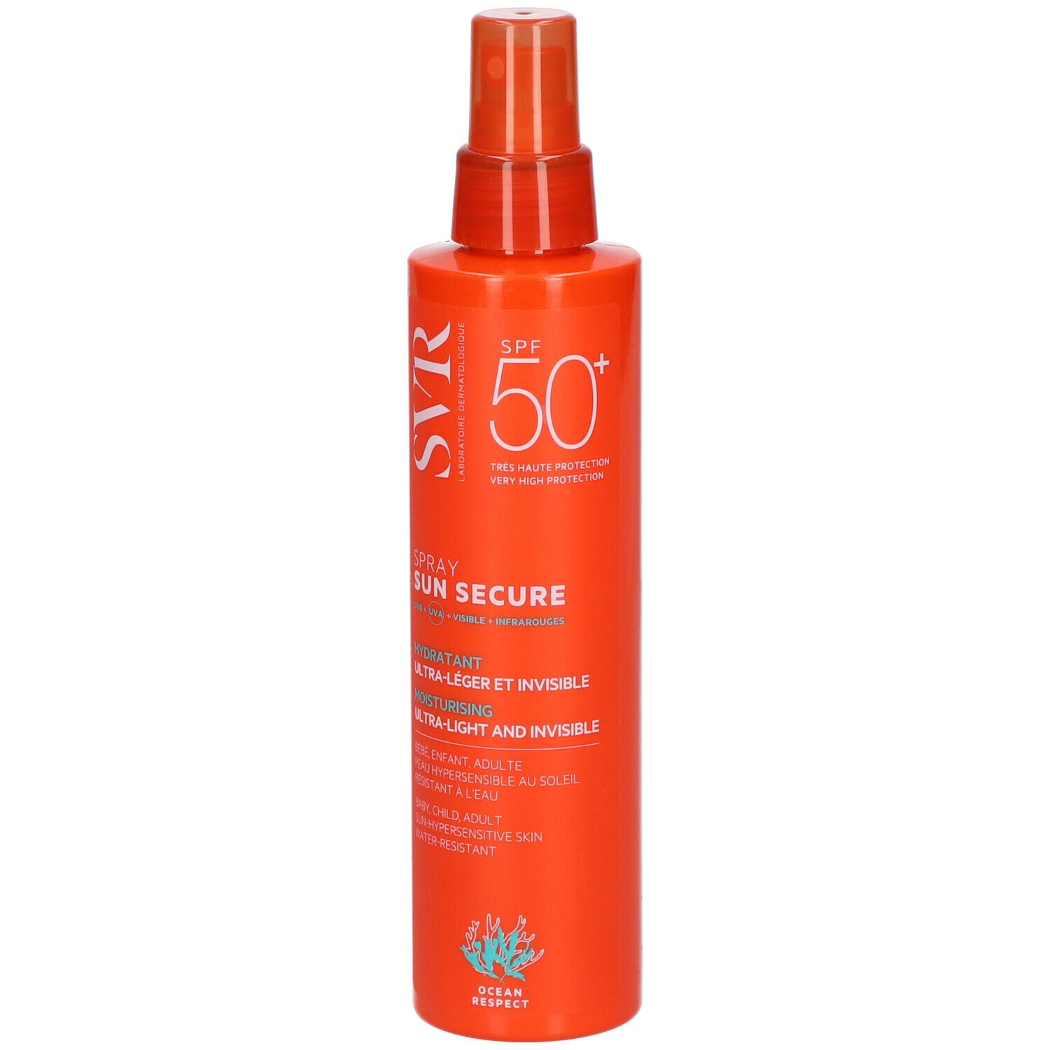Flacone spray arancione con testo bianco. Scritta: SPF 50+, SUN SECURE, per pelli sensibili.