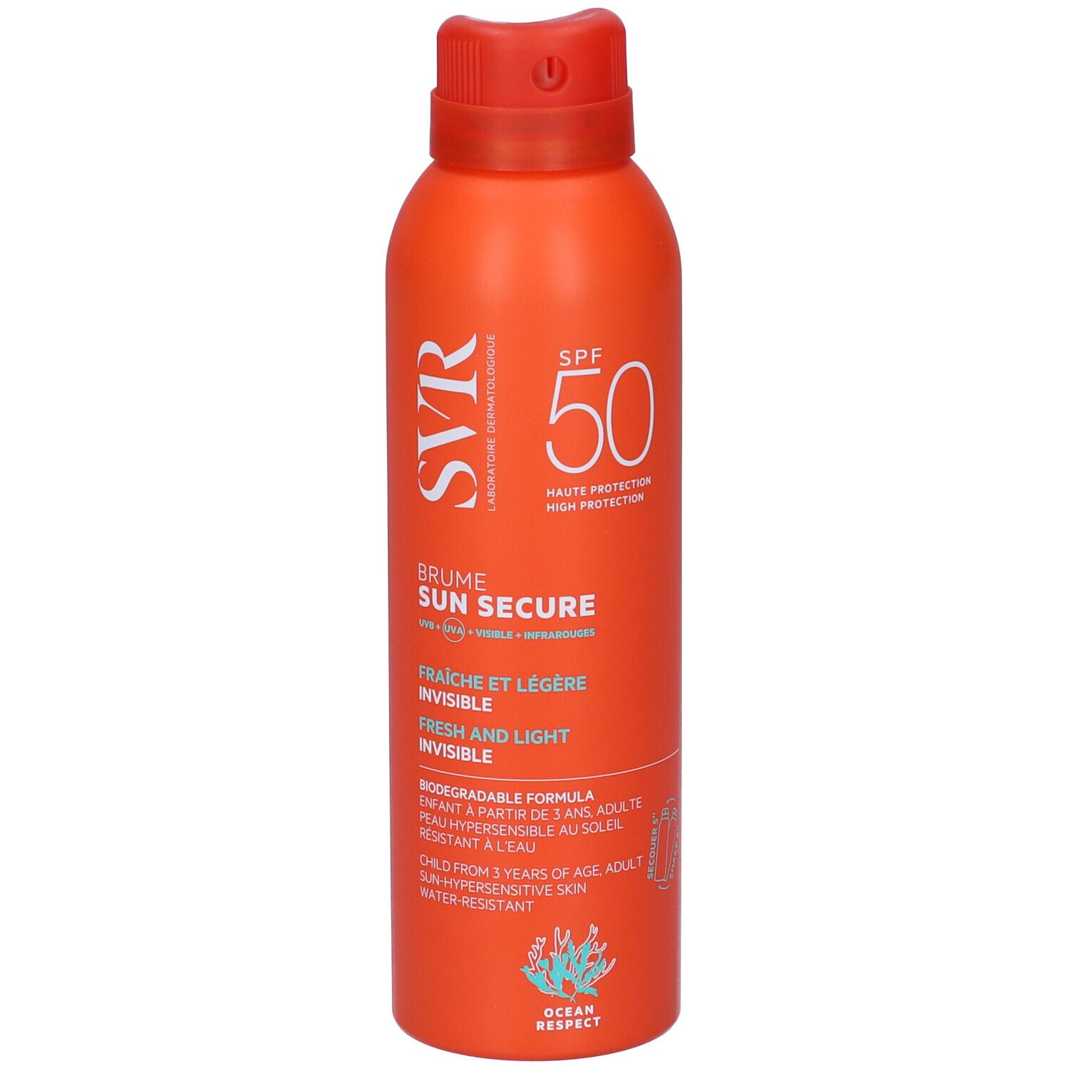 Flacone spray arancione con testo bianco. SPF 50. Marchio SVR Sun Secure Brume. Biodegradabile.