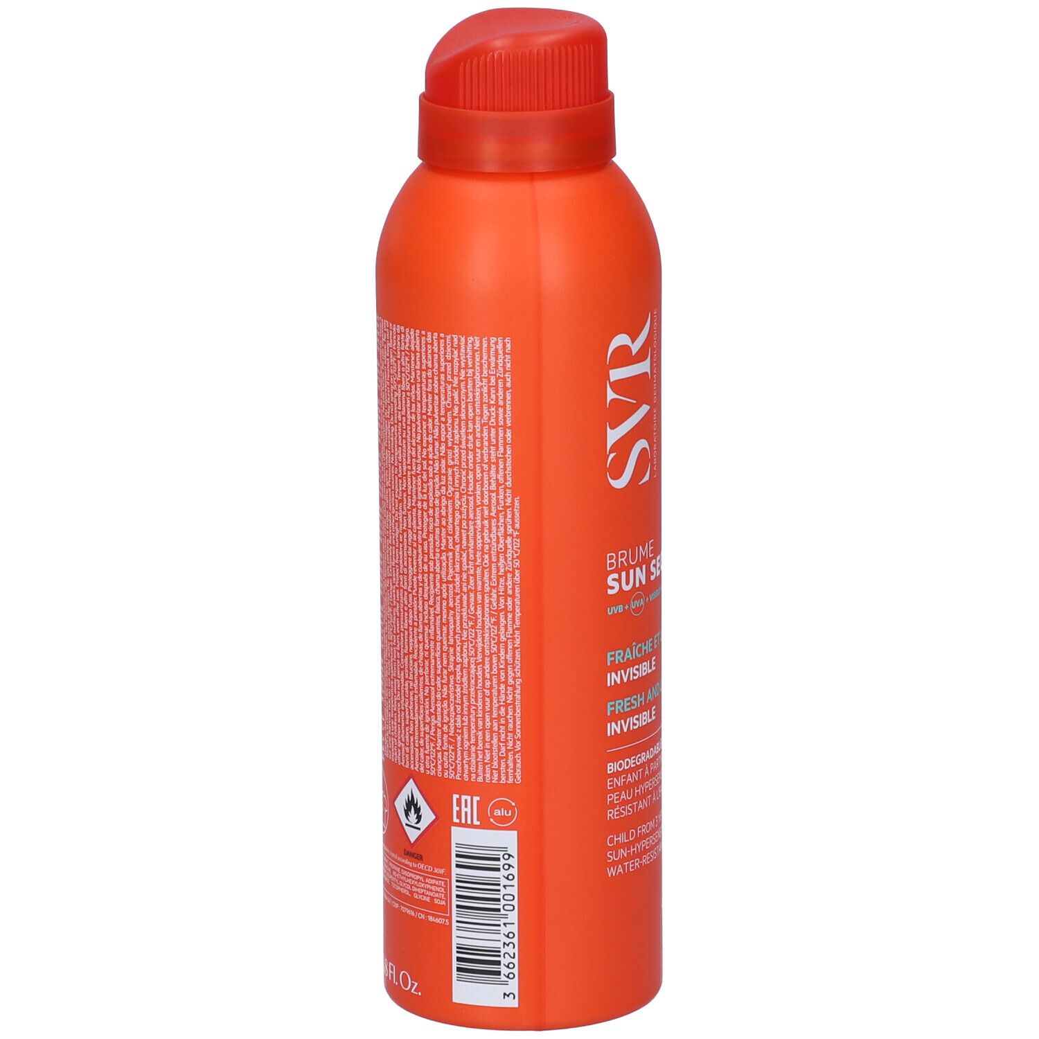 Flacone spray arancione con testo bianco. SPF 50. Marchio SVR Sun Secure Brume. Vista posteriore con testo.