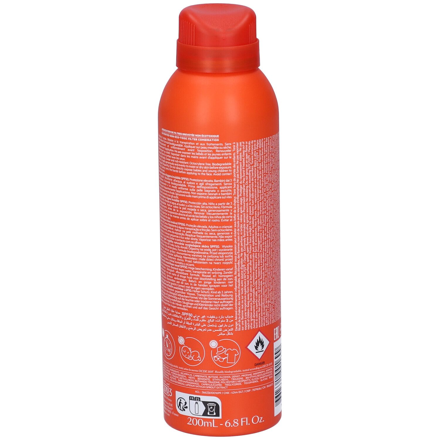 Flacone spray arancione con testo bianco. SPF 50. Marchio SVR Sun Secure Brume. Vista posteriore con testo.