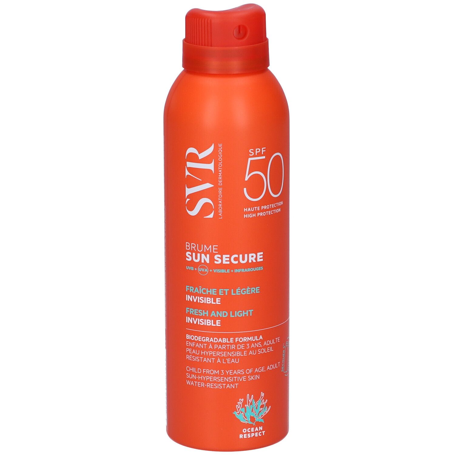 Flacone spray arancione con testo bianco. SPF 50. Marchio SVR Sun Secure Brume. Formula fresca e invisibile.
