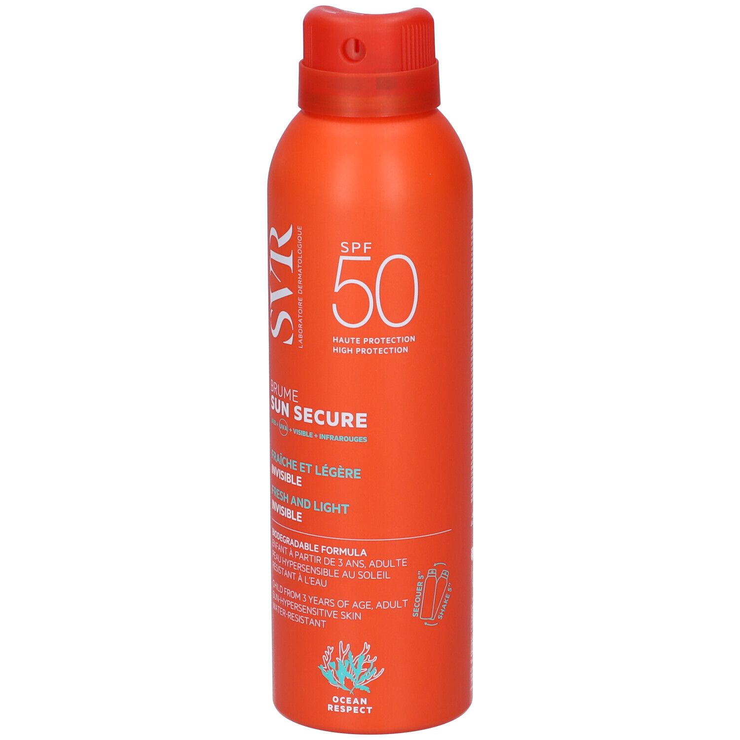 Flacone spray arancione con testo bianco. SPF 50. Marchio SVR Sun Secure Brume. Formula fresca e invisibile.
