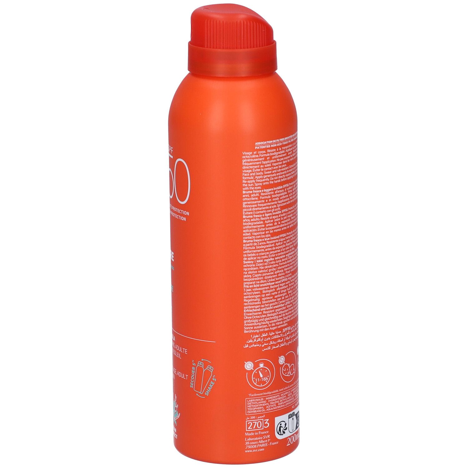 Flacone spray arancione con testo bianco. SPF 50. Marchio SVR Sun Secure Brume. Vista laterale con testo.