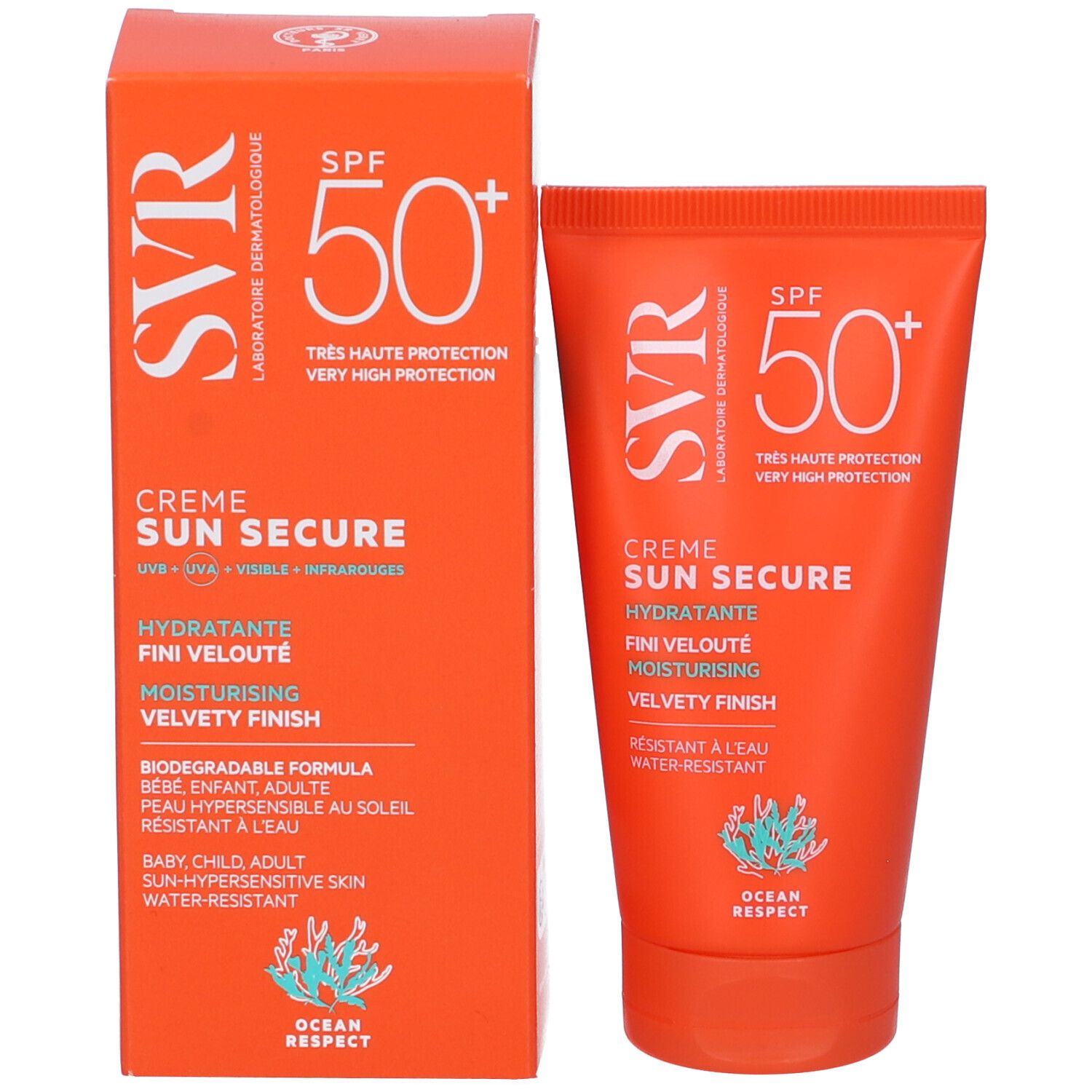 Orangefarbene Schachtel und Tube. SVR-Logo, SPF 50+, Creme Sun Secure, feuchtigkeitsspendend, samtig. Wasserfest.
