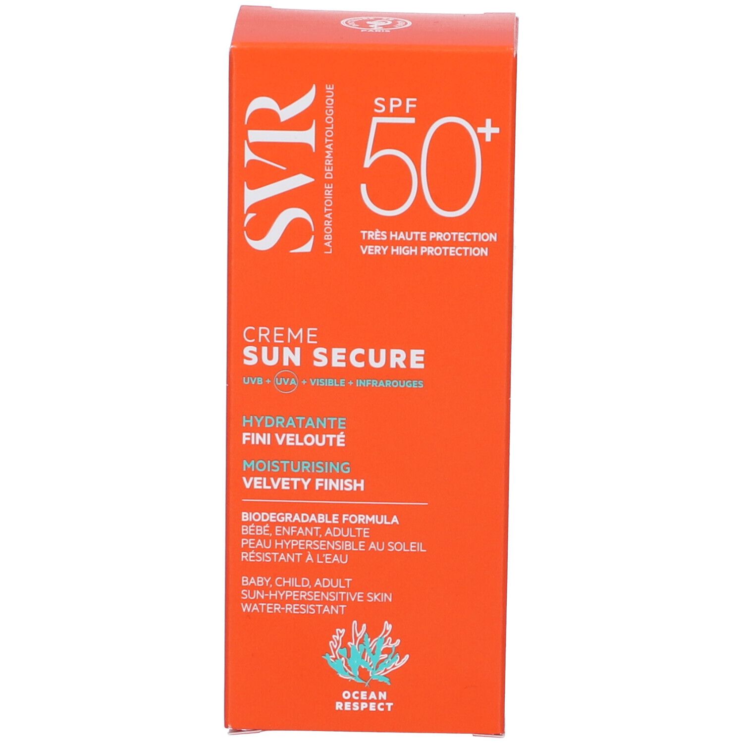 Orangefarbene Schachtel. SVR-Logo, SPF 50+, Creme Sun Secure, feuchtigkeitsspendend, samtig. Für Baby, Kind, Erwachsene.