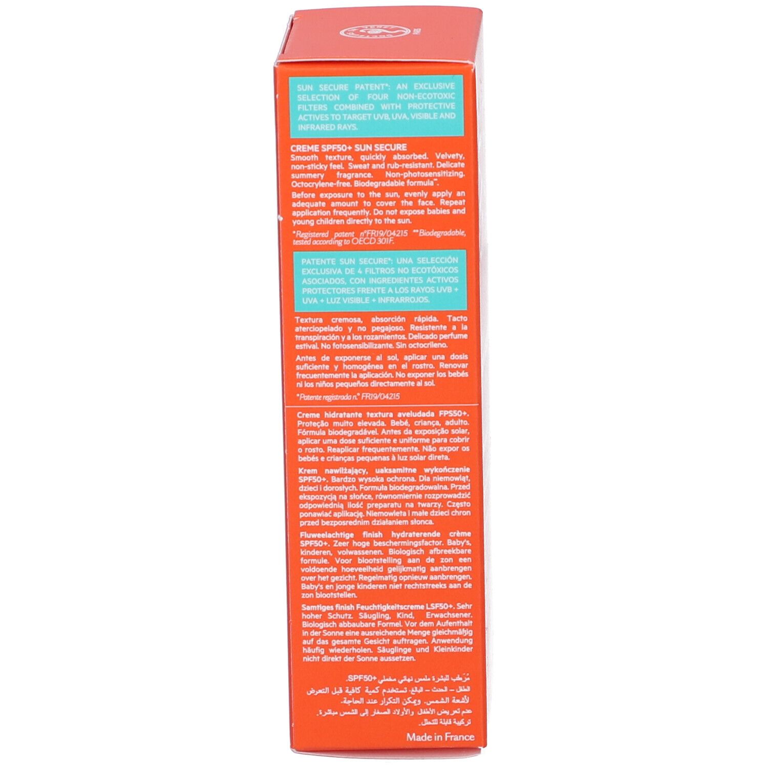 Seite der orangefarbenen Schachtel. Text in mehreren Sprachen. Informationen zur Anwendung und Inhaltsstoffen.
