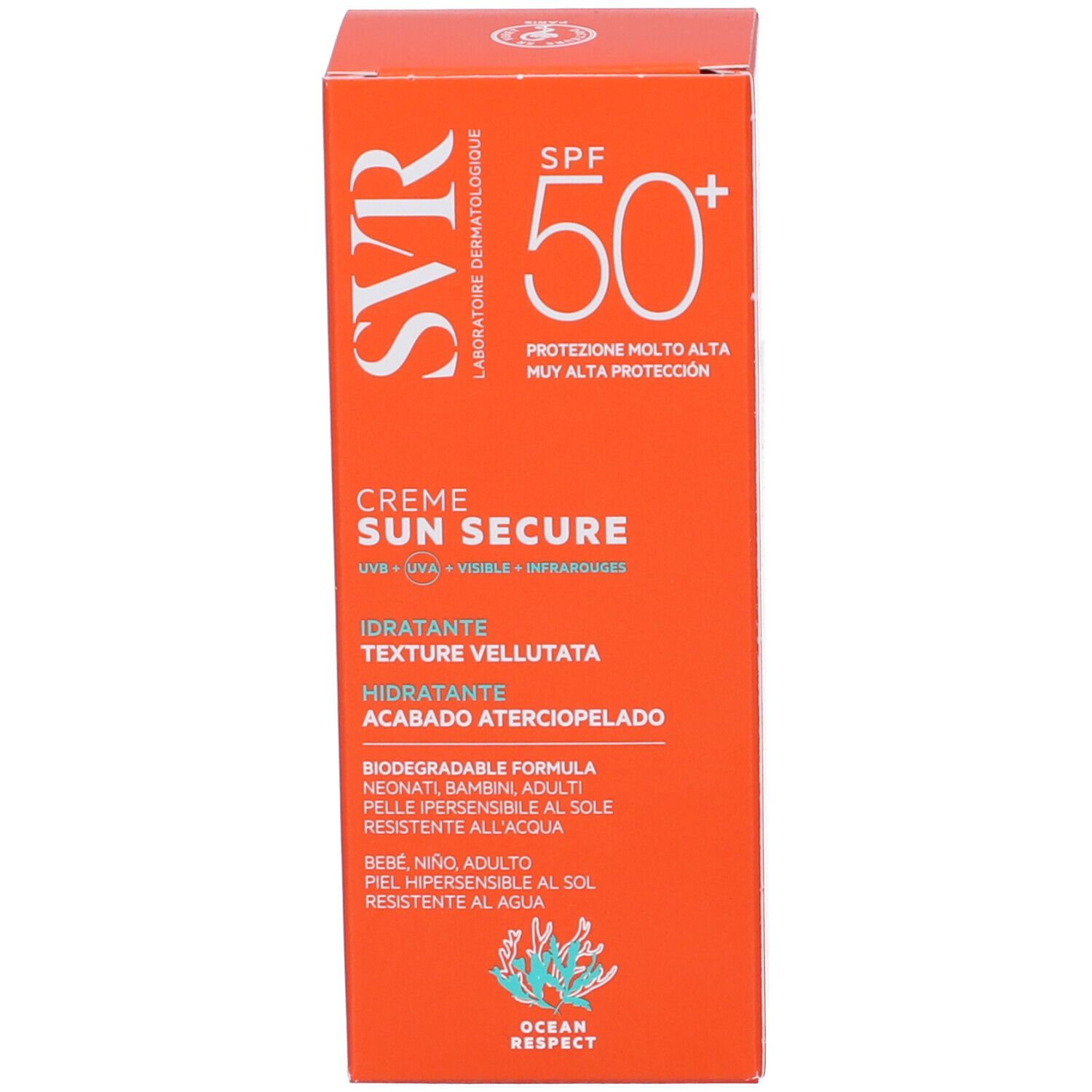 Seite der orangefarbenen Schachtel. SVR-Logo, SPF 50+, Creme Sun Secure, feuchtigkeitsspendend, samtig. Für empfindliche Haut.