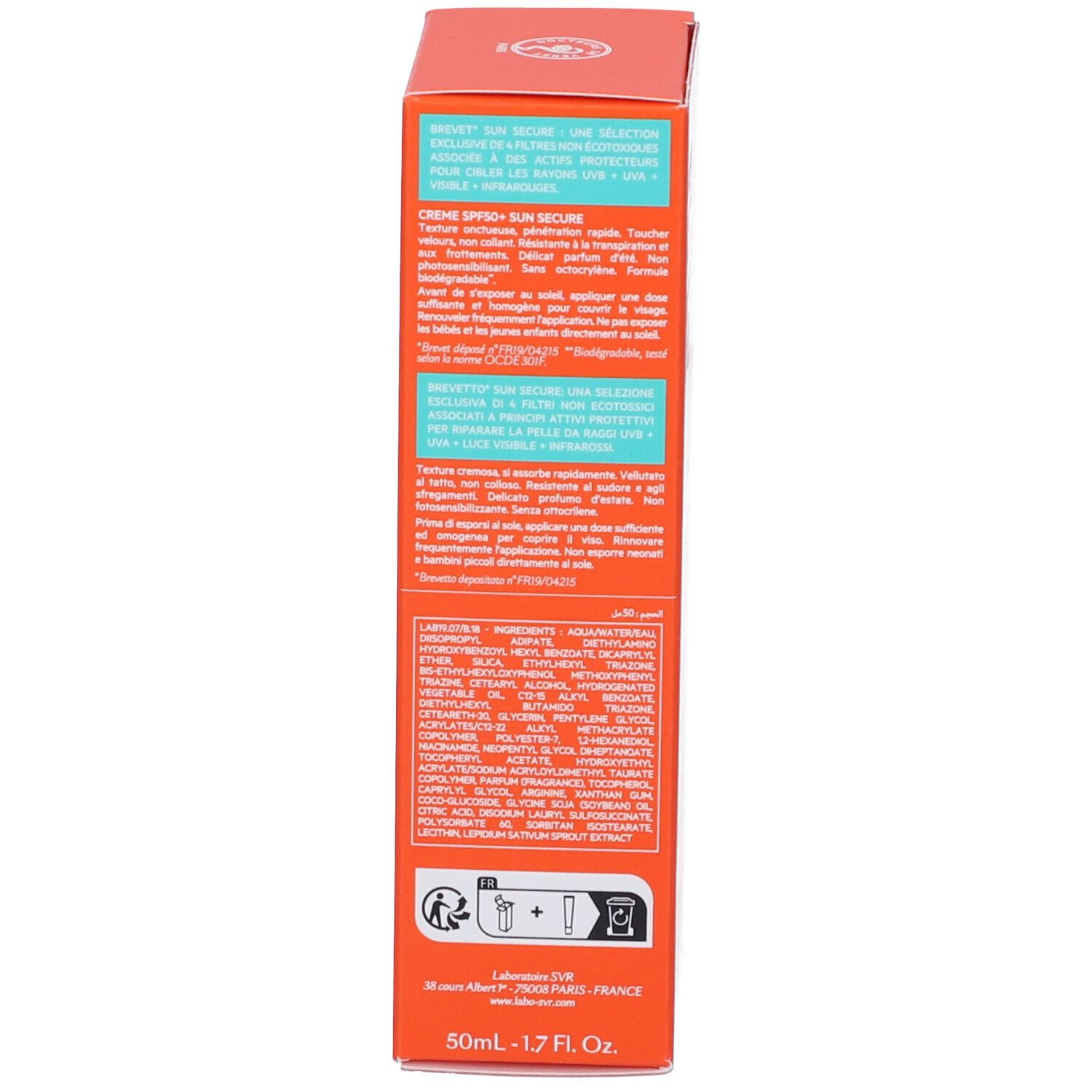 Seite der orangefarbenen Schachtel. Text in mehreren Sprachen. Informationen zu Inhaltsstoffen und Hersteller.