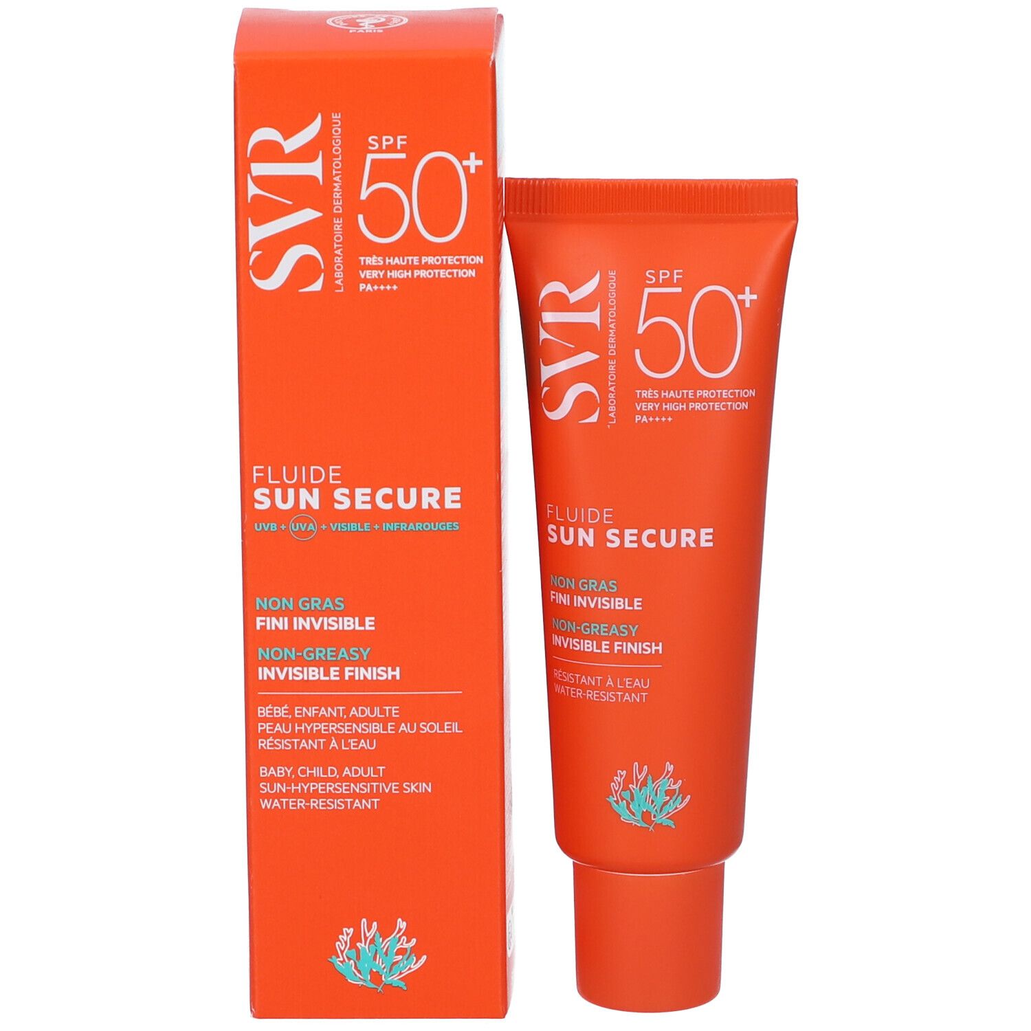 SVR Sun Secure Fluide SPF50+ Tube und Schachtel. Orangefarben. Text: Non Gras, Fini Invisible, Non-Greasy, Invisible Finish.