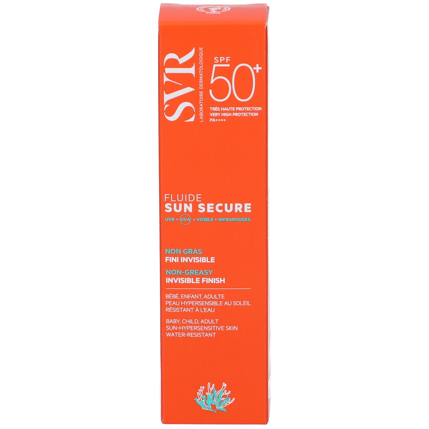 SVR Sun Secure Fluide SPF50+ Schachtel. Orange. Text: Non Gras, Fini Invisible, Non-Greasy, Invisible Finish. Für Babys, Kinder, Erwachsene.