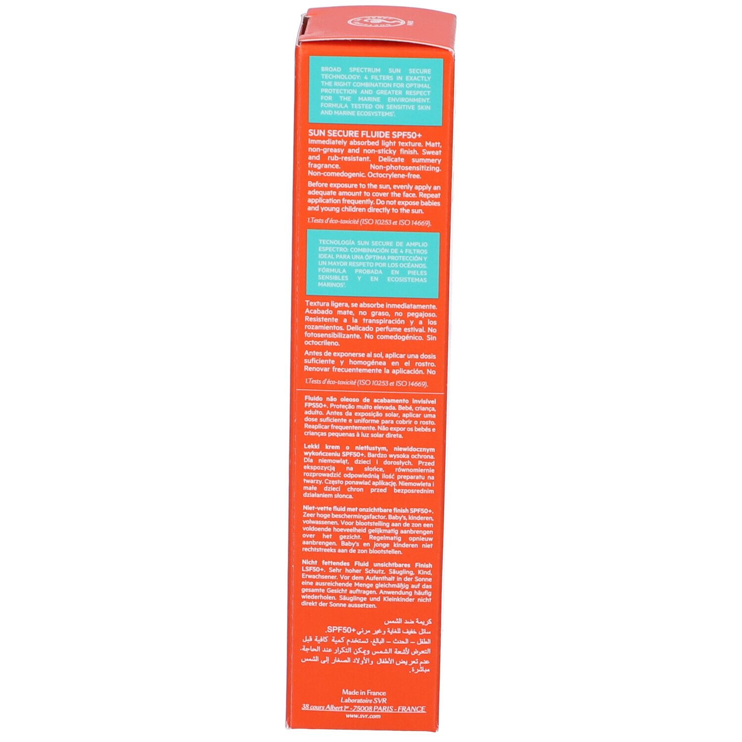 Rückseite der SVR Sun Secure Fluide SPF50+ Schachtel. Text in mehreren Sprachen. Inhaltsstoffe, Anwendungshinweise.
