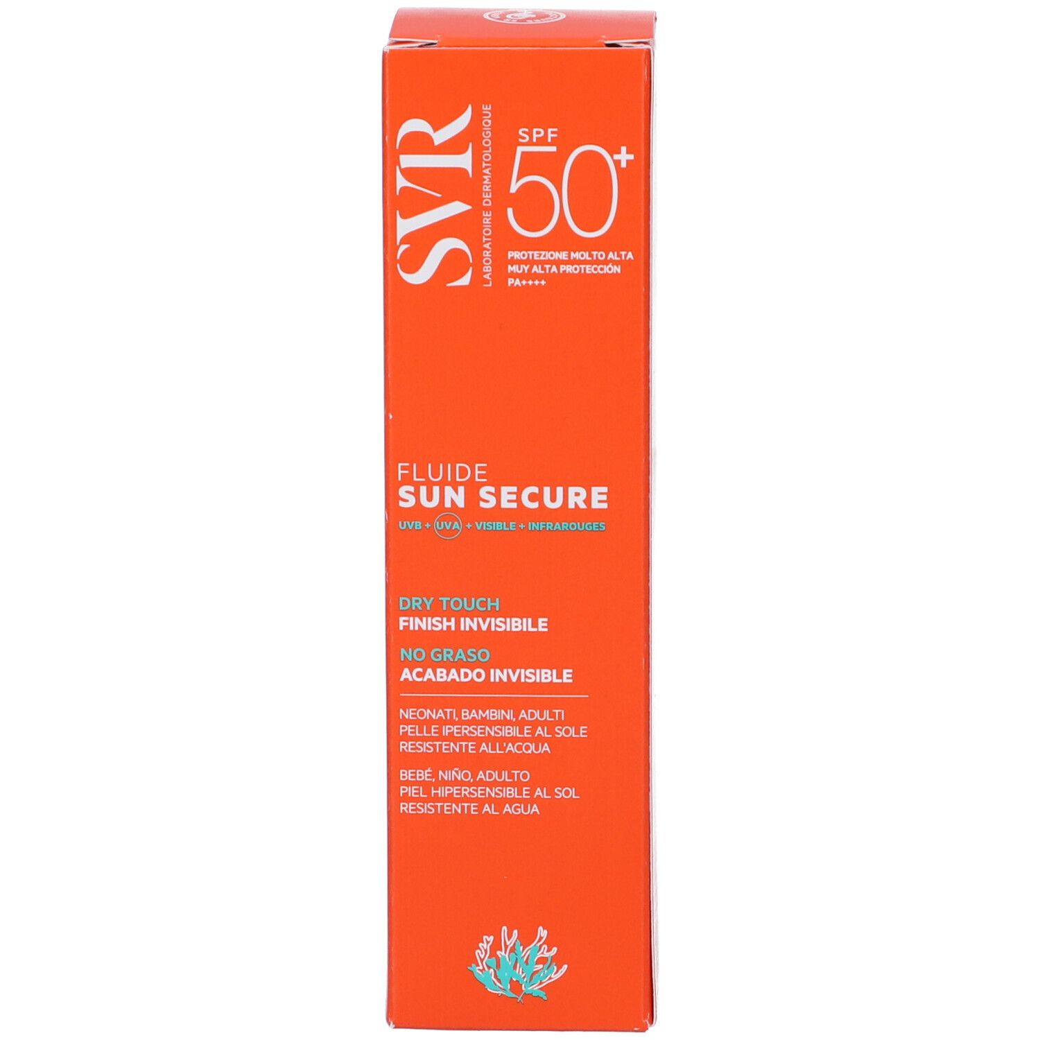 SVR Sun Secure Fluide SPF50+ Schachtel. Orange. Text: Dry Touch, Finish Invisible, No Graso, Acabado Invisible.