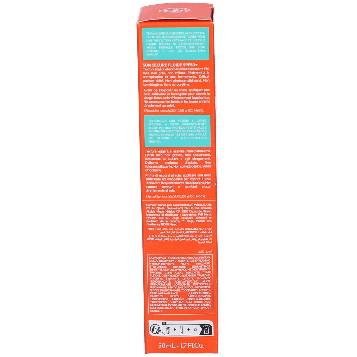 Rückseite der SVR Sun Secure Fluide SPF50+ Schachtel. Text in mehreren Sprachen. Inhaltsstoffe, Anwendungshinweise.