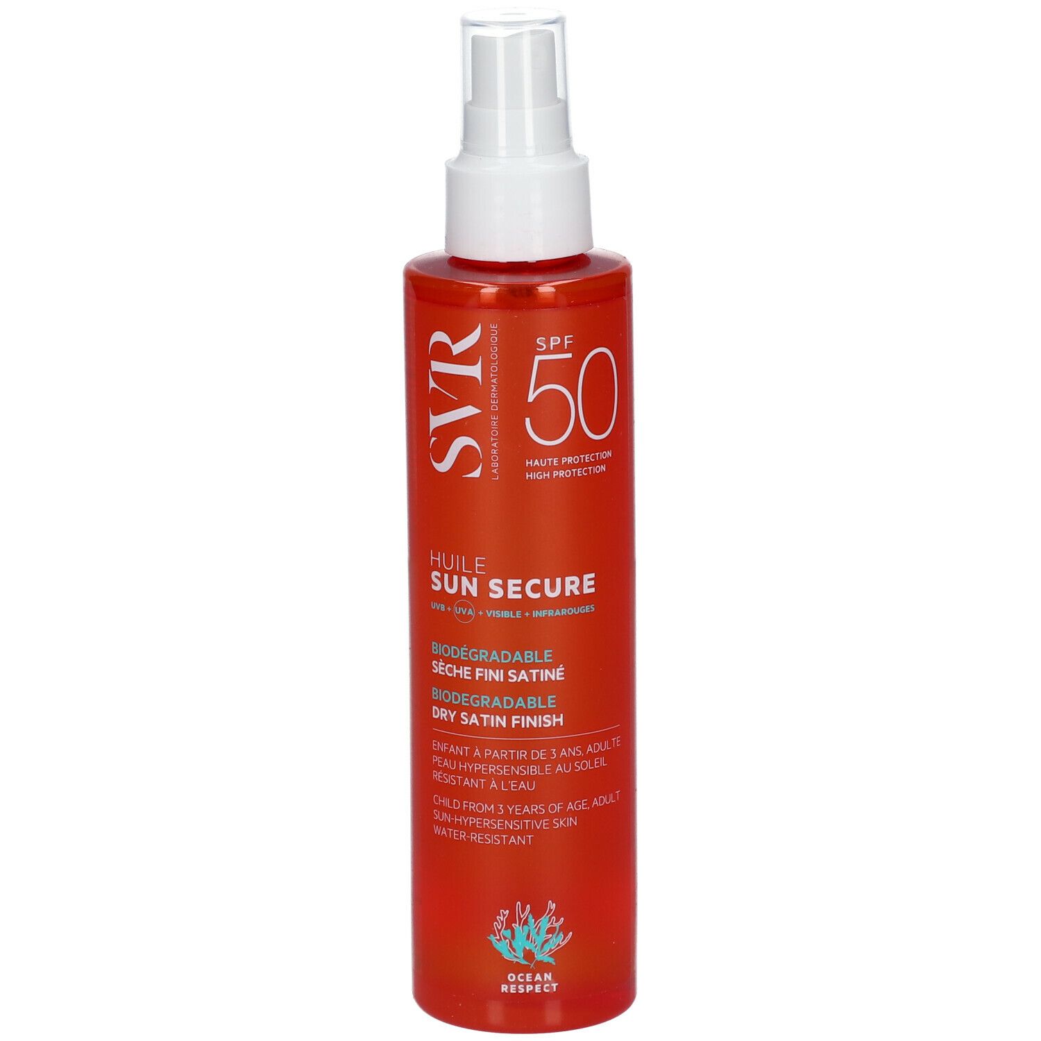 Flacone arancione SVR SUN SECURE HUILE SECHE SPF50+ NUOVA FORMULA con vaporizzatore bianco. Testo: SPF 50, DRY SATIN FINISH, OCEAN RESPECT.