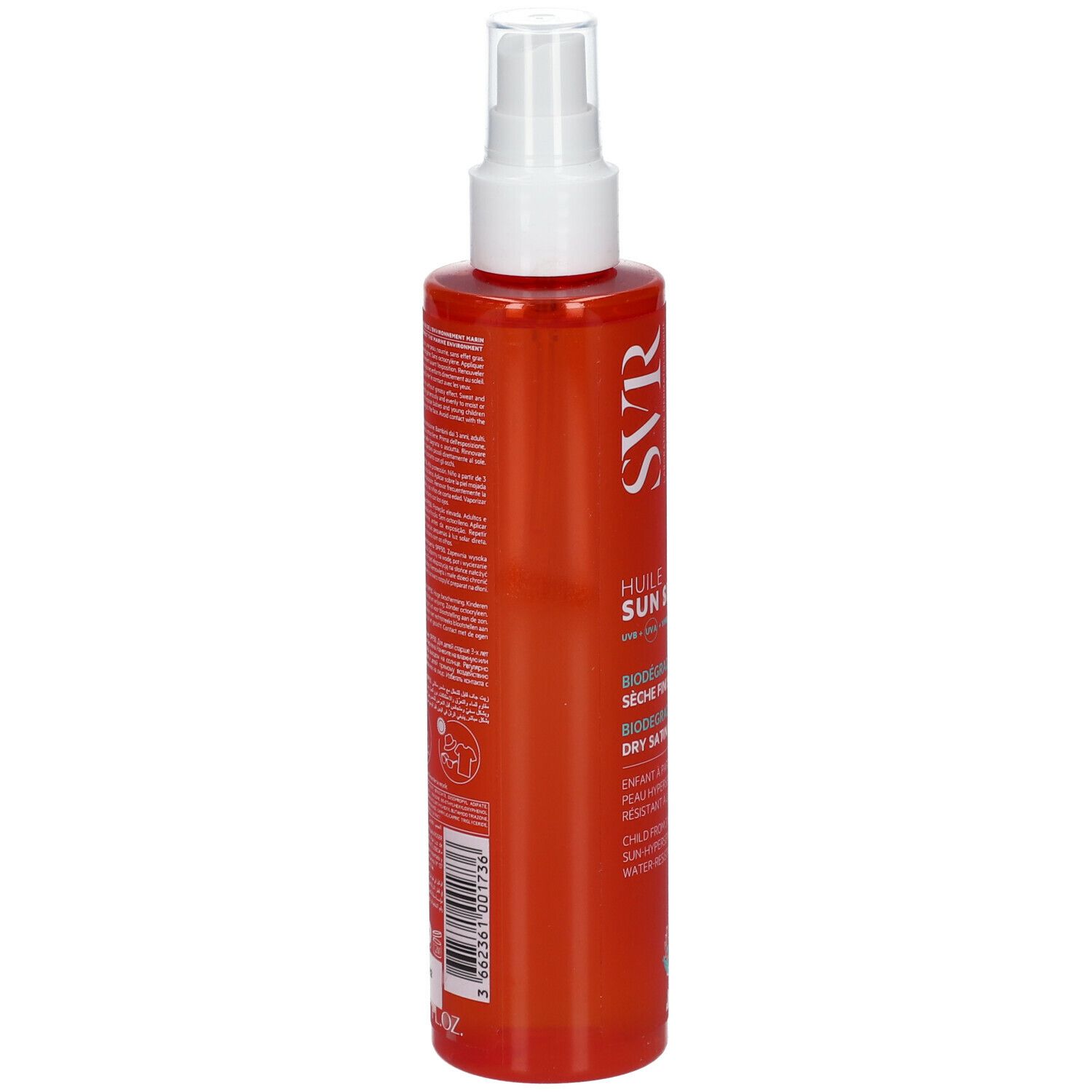 Retro del flacone arancione SVR SUN SECURE HUILE SECHE SPF50+ NUOVA FORMULA. Testo e codice a barre. Sfondo bianco.