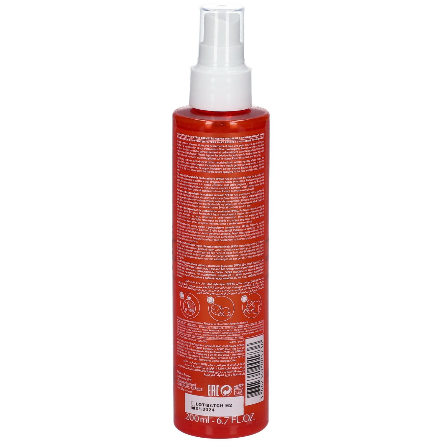 Retro del flacone arancione SVR SUN SECURE HUILE SECHE SPF50+ NUOVA FORMULA. Testo e codice a barre. Sfondo bianco.