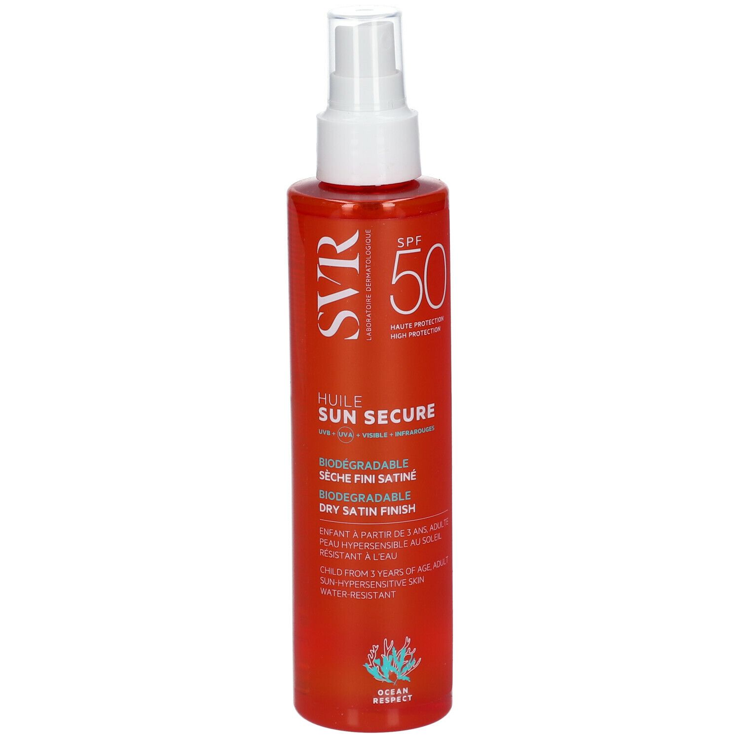 Flacone arancione SVR SUN SECURE HUILE SECHE SPF50+ NUOVA FORMULA con vaporizzatore bianco. Testo: SPF 50, DRY SATIN FINISH, OCEAN RESPECT.
