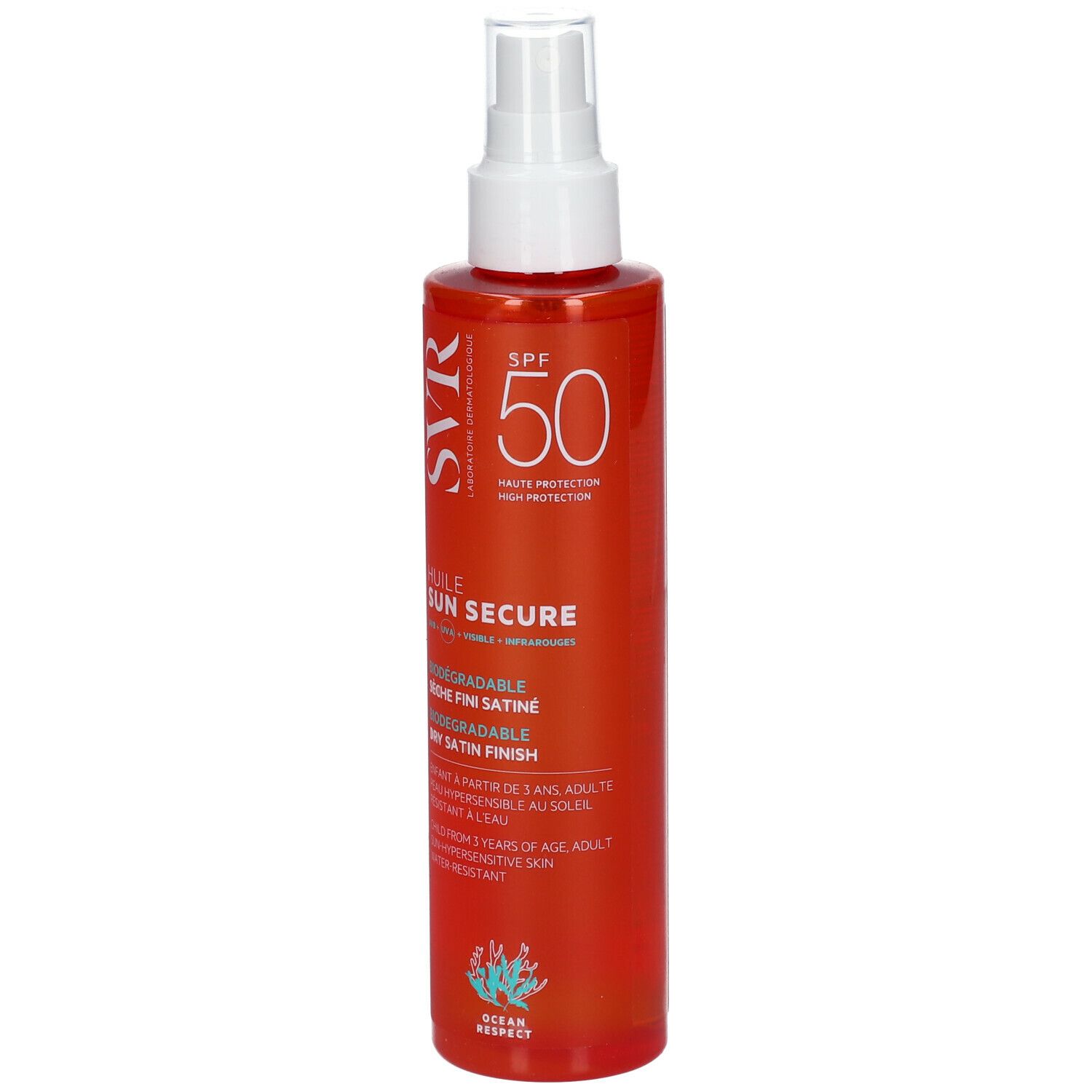 Flacone arancione SVR SUN SECURE HUILE SECHE SPF50+ NUOVA FORMULA con vaporizzatore bianco. Testo: SPF 50, DRY SATIN FINISH, OCEAN RESPECT.