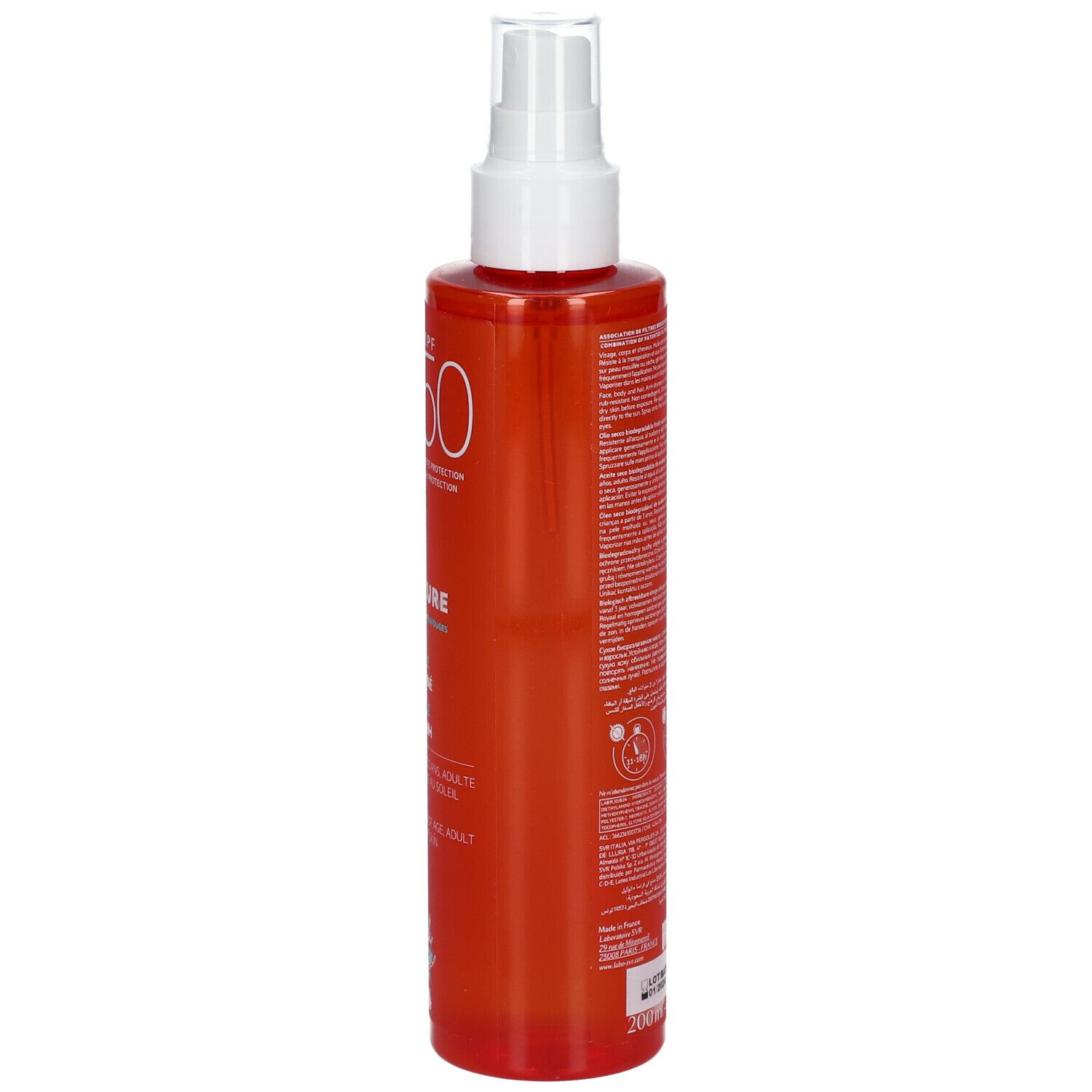 Retro del flacone arancione SVR SUN SECURE HUILE SECHE SPF50+ NUOVA FORMULA. Testo e codice a barre. Sfondo bianco.