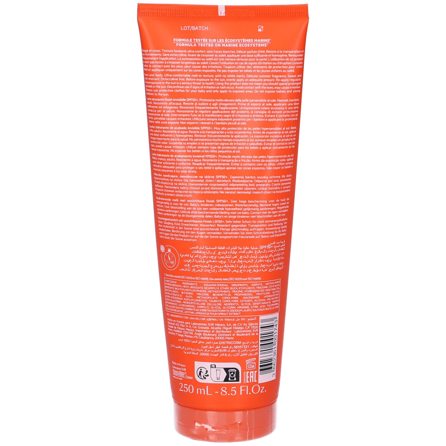Rückseite der SVR SUN SECURE LAIT SPF50+ Sonnencreme-Tube. Enthält Anwendungshinweise und Inhaltsstoffe. 250 ml.