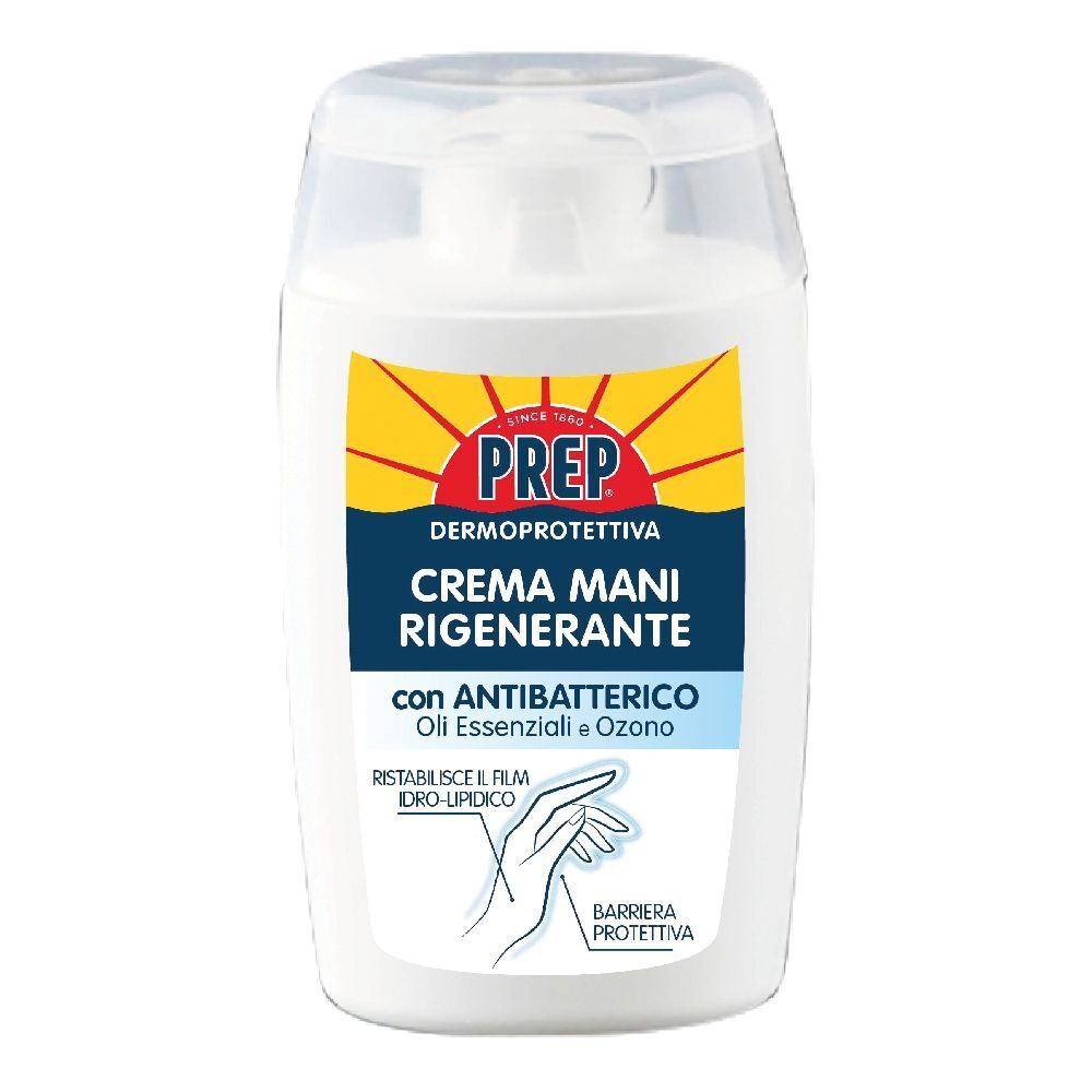 Flacone bianco con tappo a ribalta. Etichetta con logo PREP e testo: Crema Mani Rigenerante. Con oli antibatterici.