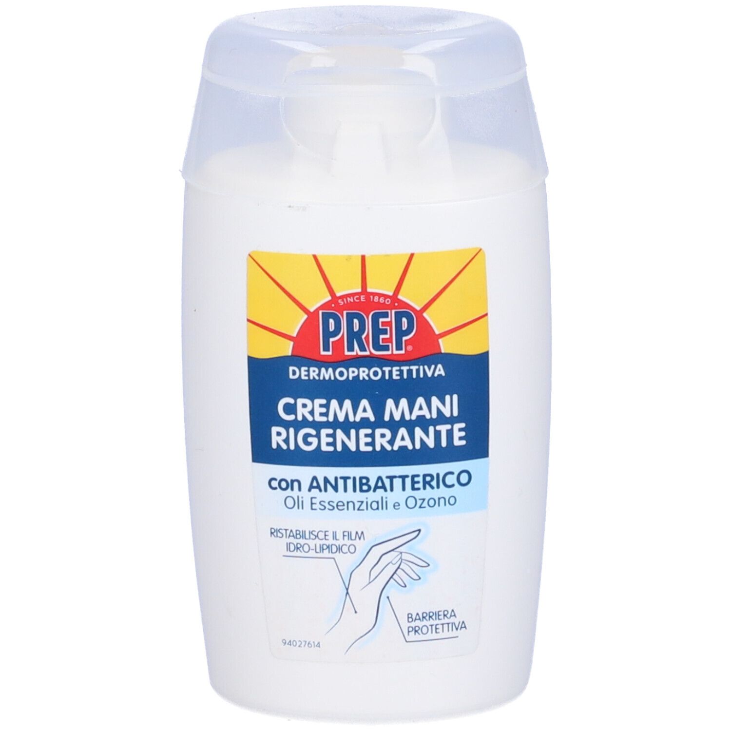 Flacone bianco con tappo a ribalta. Etichetta con logo PREP e testo: Crema Mani Rigenerante. Con oli antibatterici.