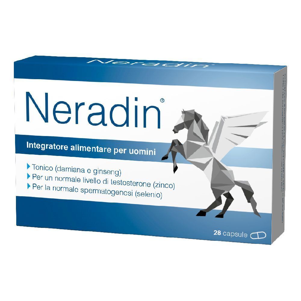 Scatola blu e bianca con logo "Neradin" e grafica Pegaso. Contiene 28 capsule. Testo: "Integratore alimentare per uomini".