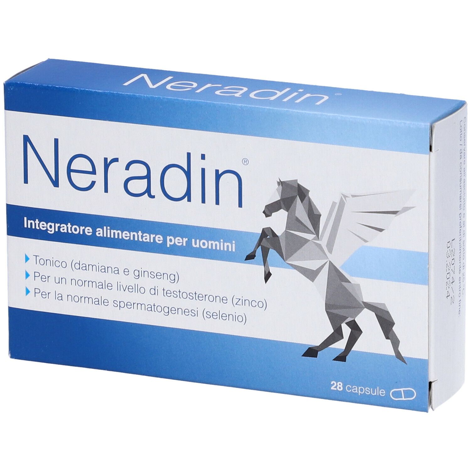 Scatola blu e bianca con logo "Neradin" e grafica Pegaso. Contiene 28 capsule. Testo: "Integratore alimentare per uomini".