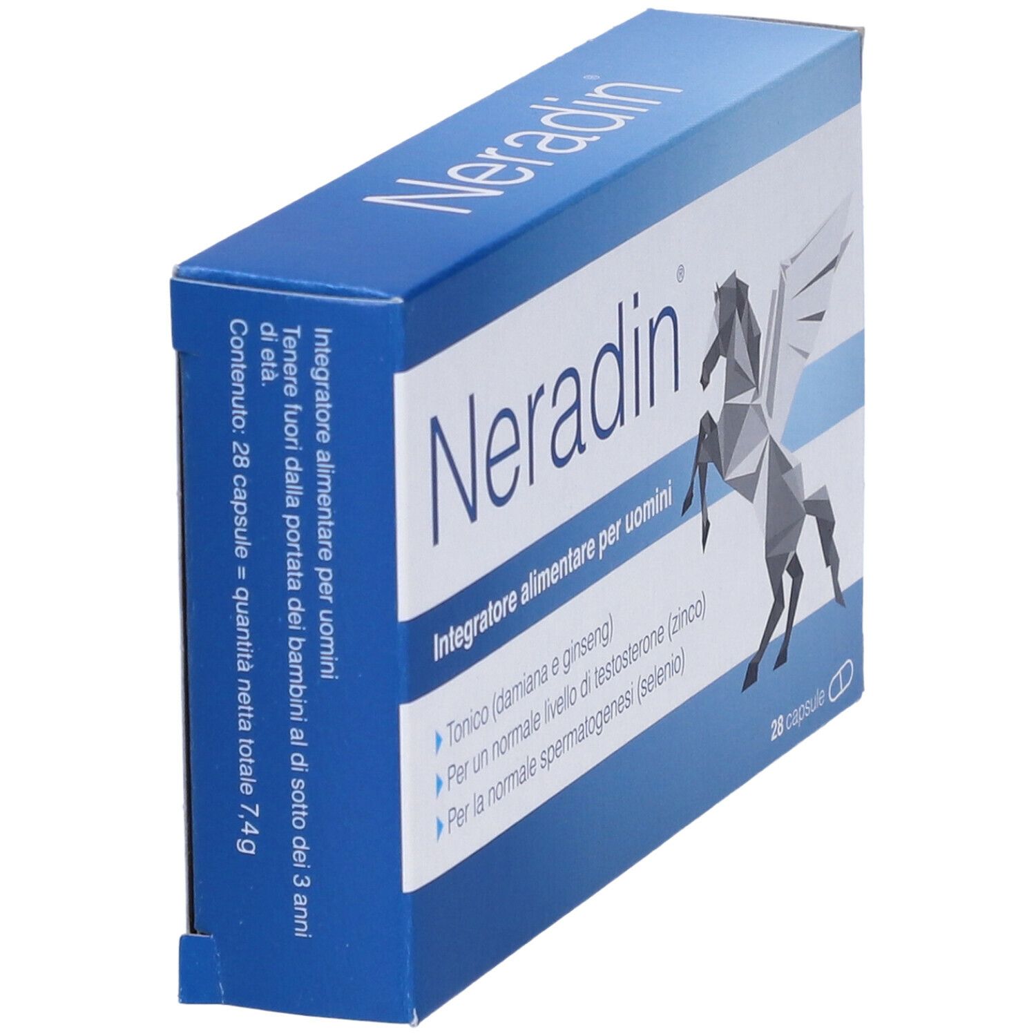 Scatola "Neradin" con grafica Pegaso, vista obliqua. Contiene 28 capsule. Testo: "Integratore alimentare per uomini".