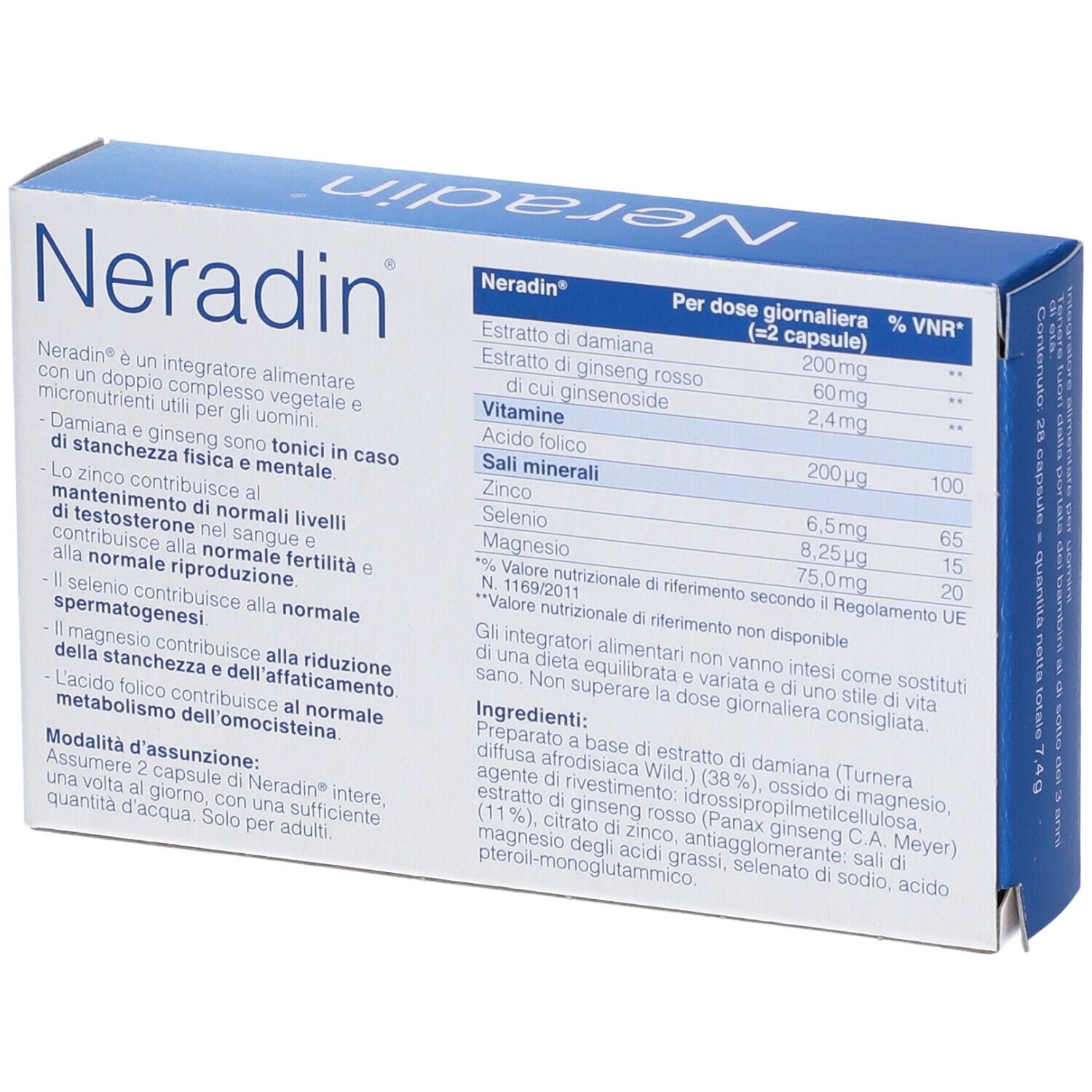 Retro della scatola "Neradin" con informazioni nutrizionali e tabella. Contiene 28 capsule. Testo: "Integratore alimentare".