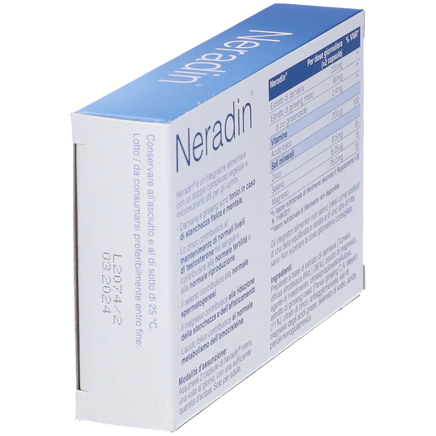 Retro della scatola "Neradin" con informazioni e data di scadenza. Contiene 28 capsule. Testo: "Integratore alimentare".
