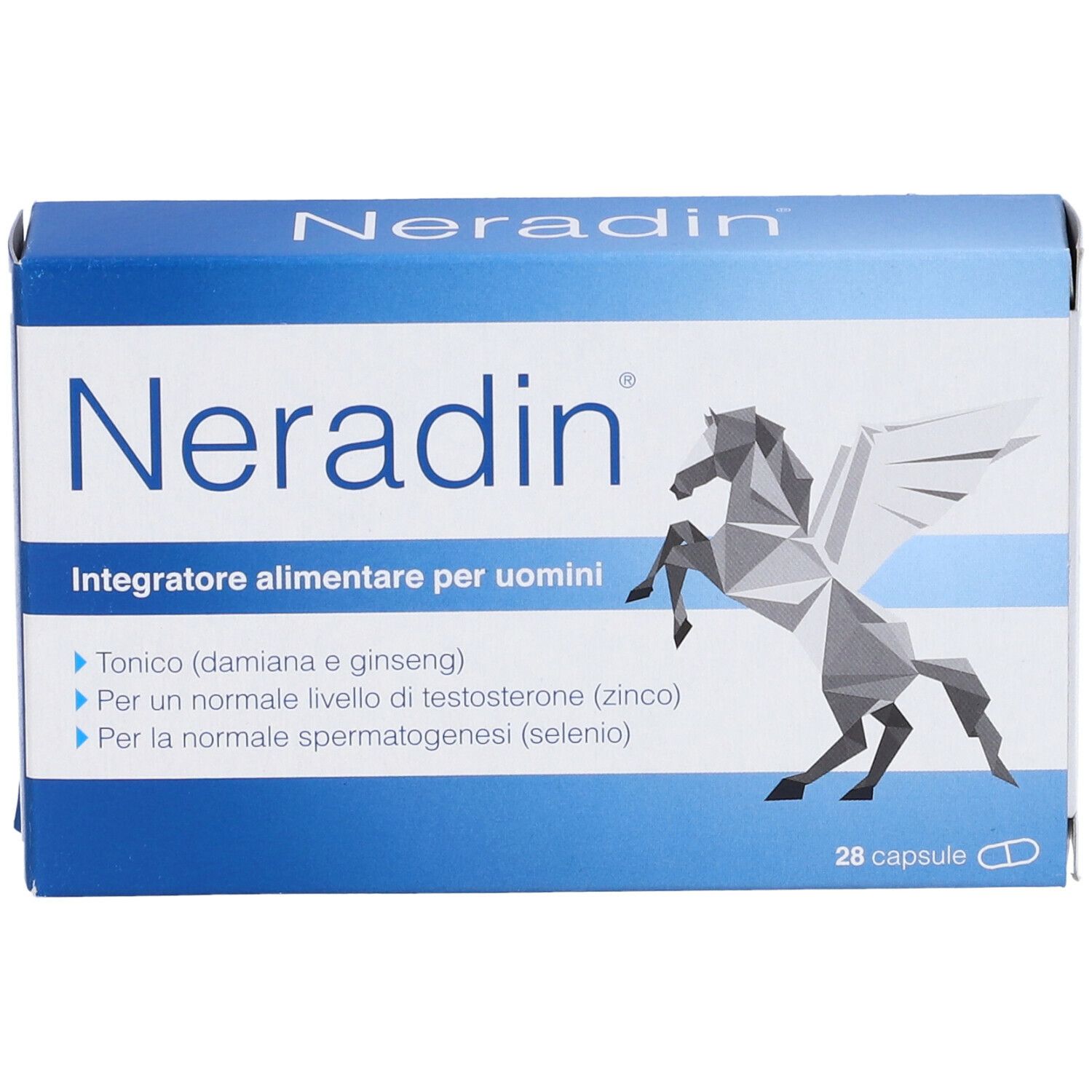 Scatola blu e bianca con logo "Neradin" e grafica Pegaso. Contiene 28 capsule. Testo: "Integratore alimentare per uomini".