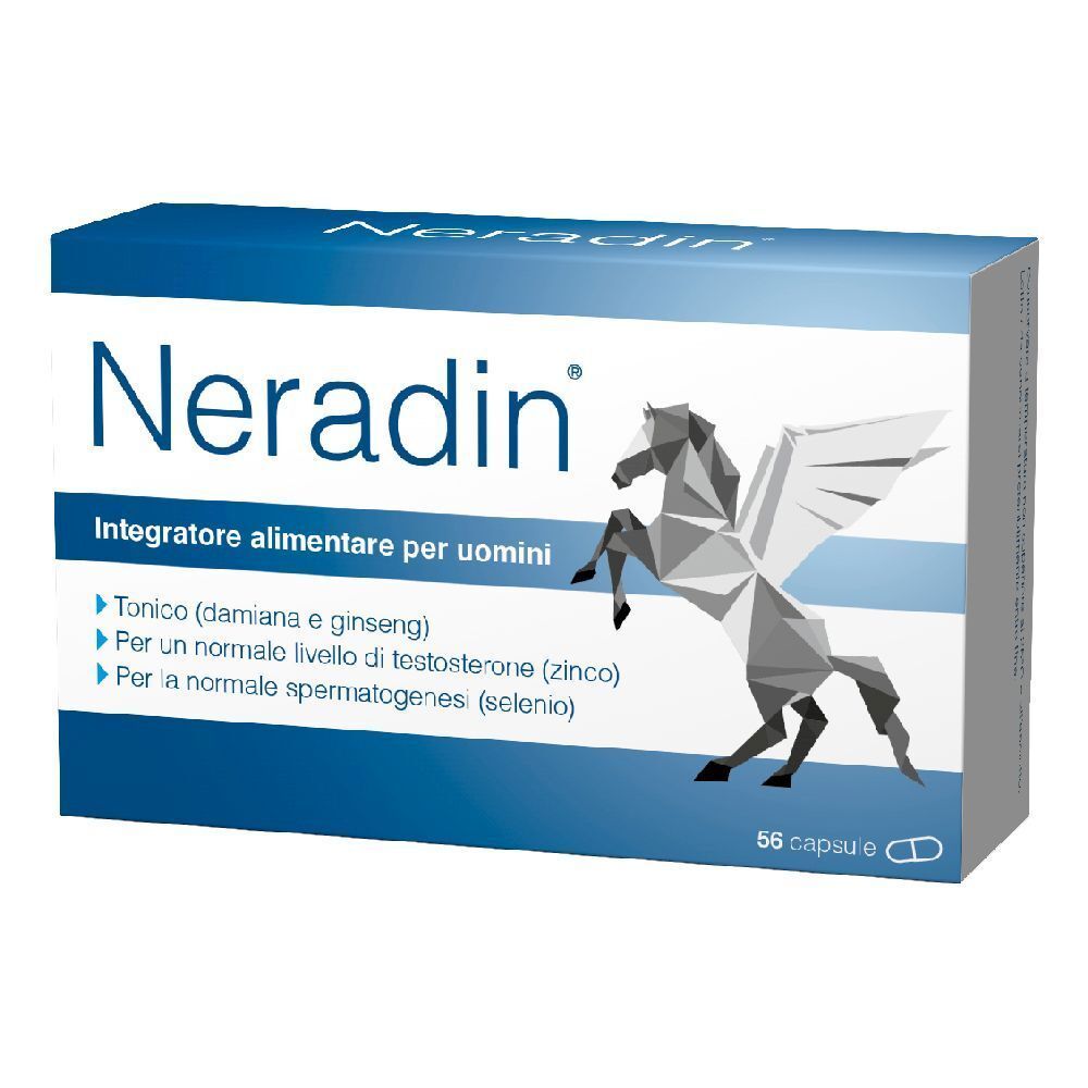 Scatola blu e bianca con logo "Neradin" e grafica di Pegaso. Contiene 56 capsule. Scritta: "Integratore alimentare per uomini".