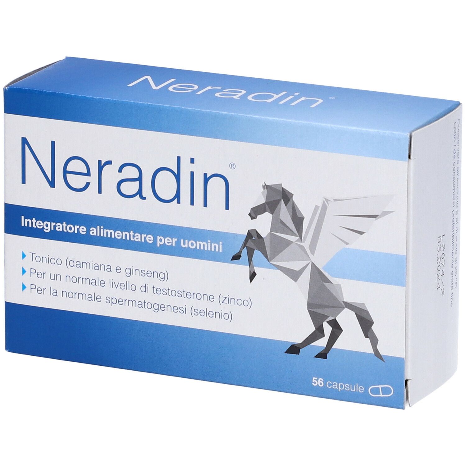 Scatola blu e bianca con logo "Neradin" e grafica di Pegaso. Contiene 56 capsule. Scritta: "Integratore alimentare per uomini".