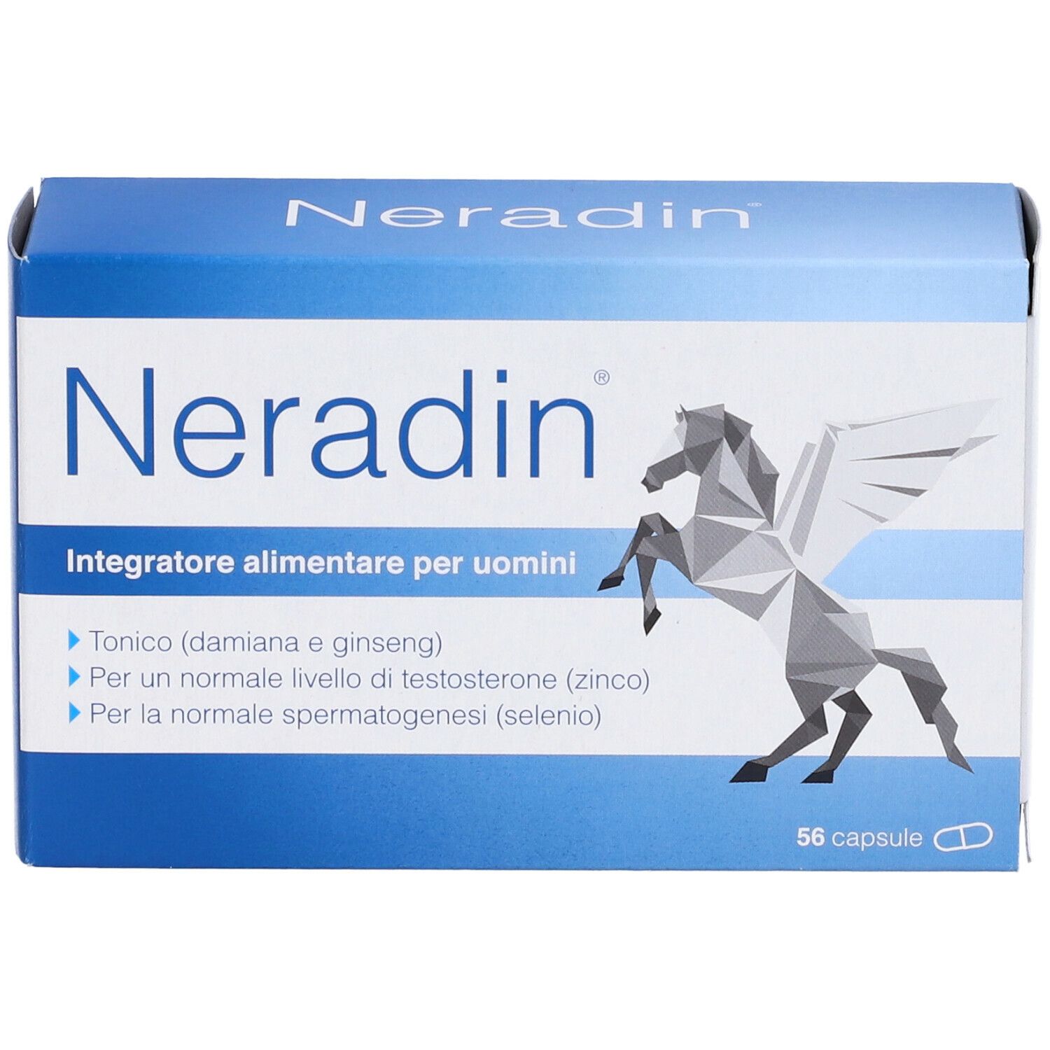 Scatola blu e bianca con logo "Neradin" e grafica di Pegaso. Contiene 56 capsule. Scritta: "Integratore alimentare per uomini".