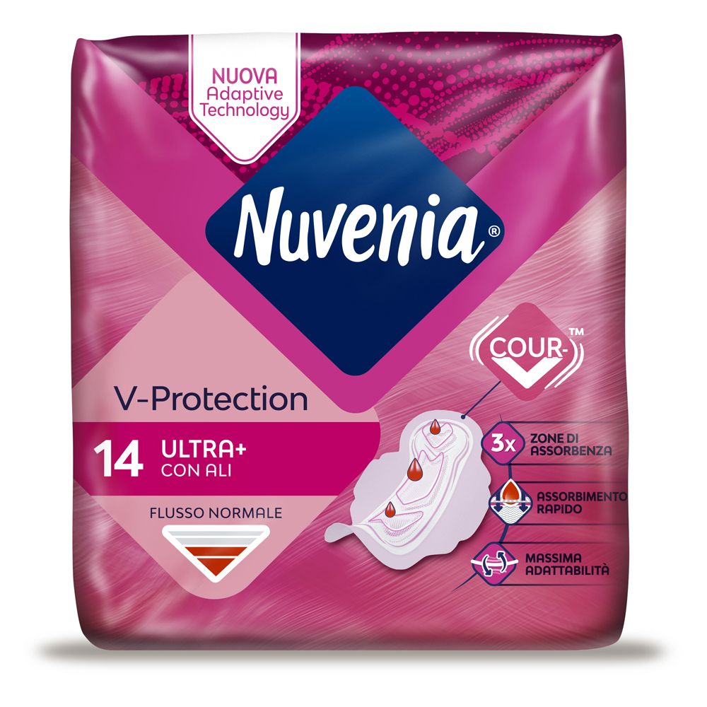 Confezione di Nuvenia Ultra+ Ali. Confezione rosa con informazioni sul prodotto e logo. 14 pezzi, con ali.