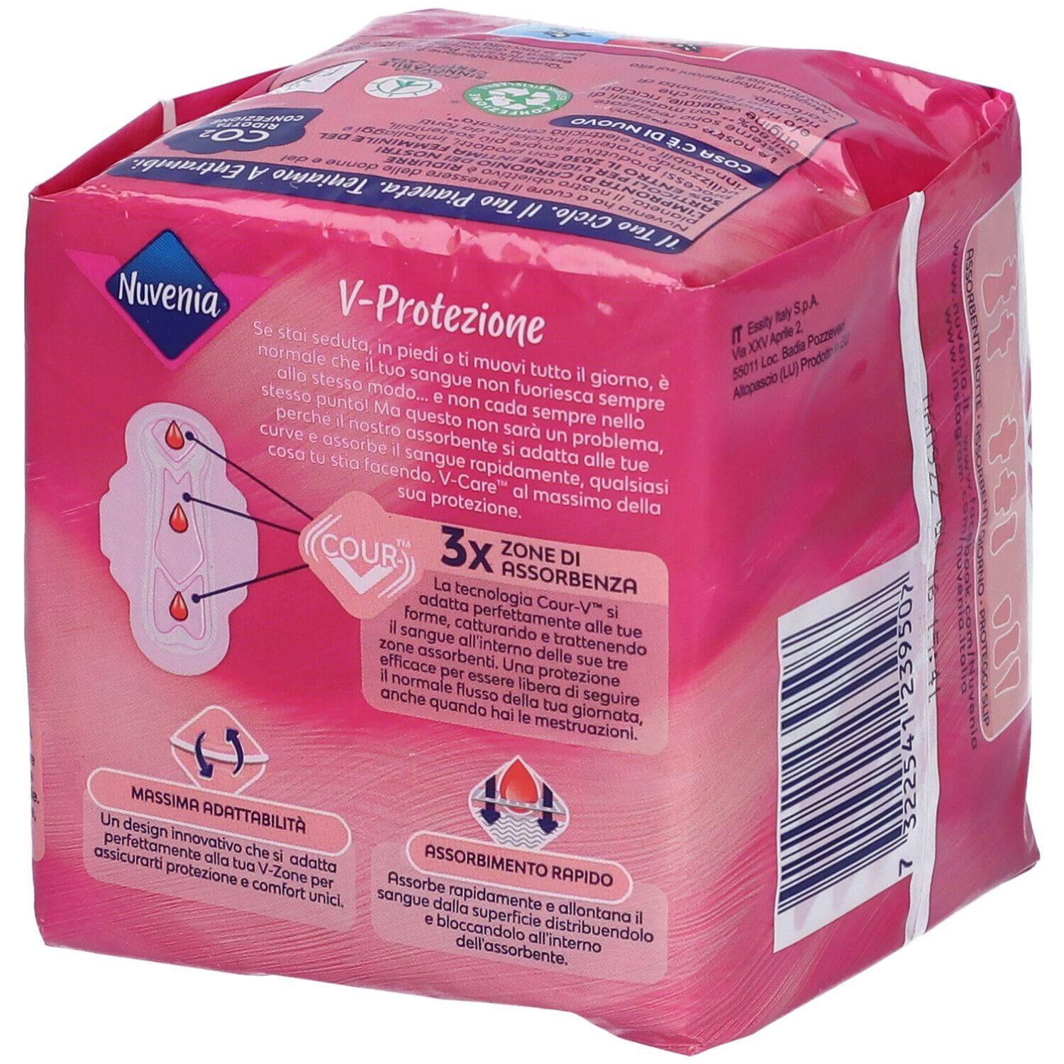 Nuvenia Ultra+ Ali confezionato. Confezione rosa con informazioni e logo. 14 pezzi, con ali. Retro.